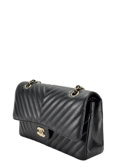 CHANEL - Medium Classic Double Flap Bag Chevron Black Lambskin Gold Hardware (CF25) 