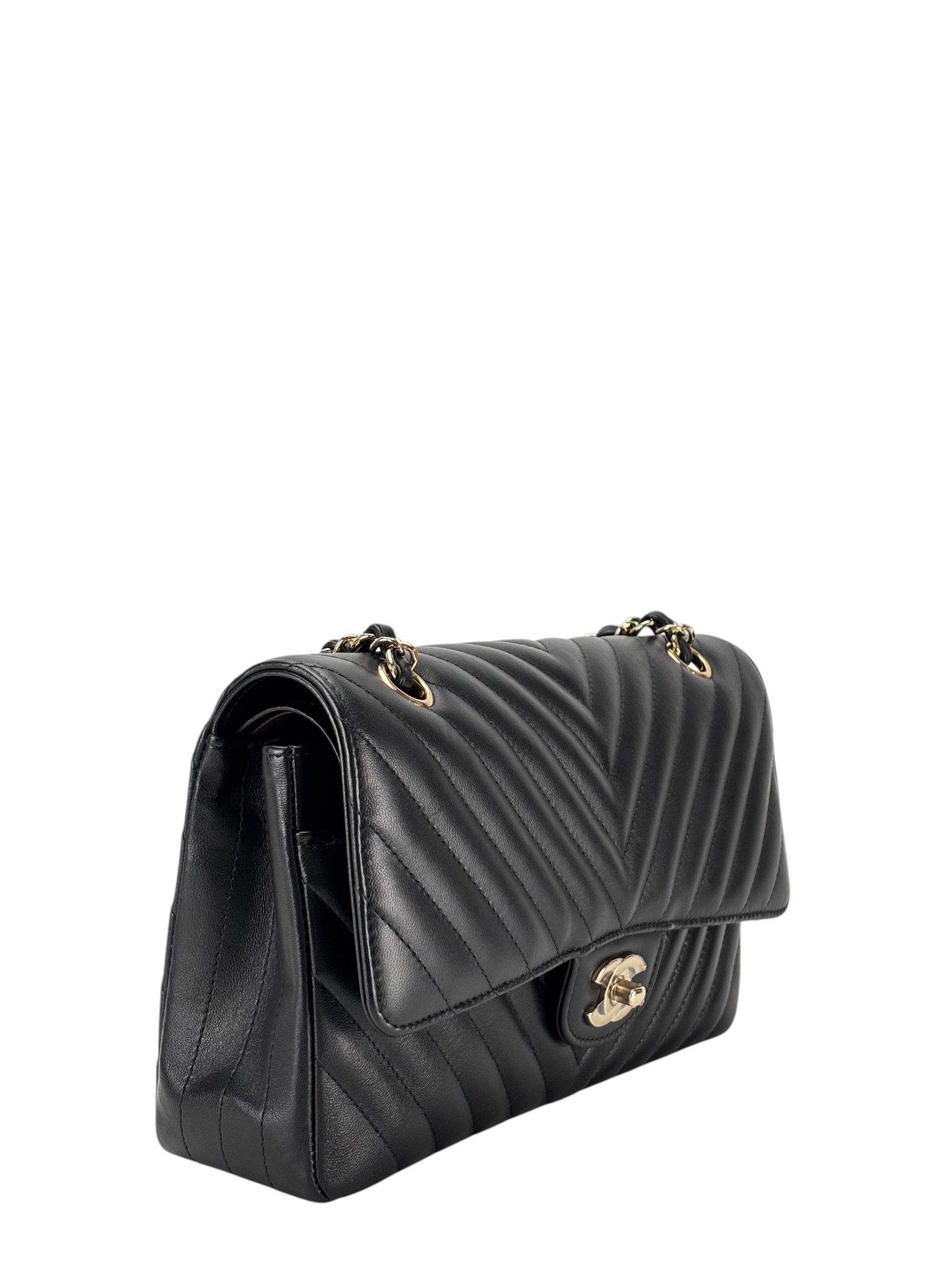 CHANEL - Medium Classic Double Flap Bag Chevron Black Lambskin Gold Hardware (CF25) 