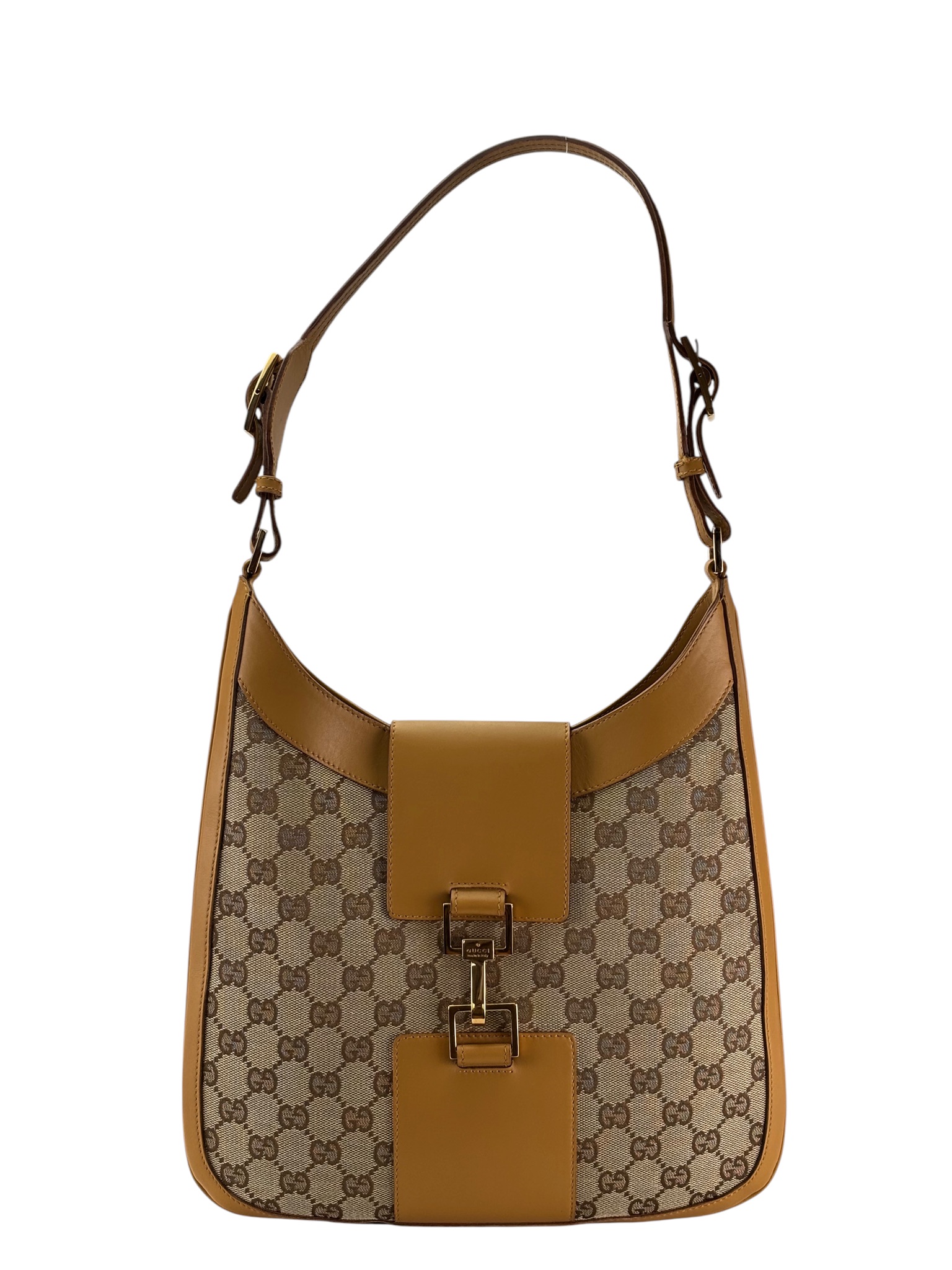 GUCCI - Beige Canvas Leather GG Shoulder Bag