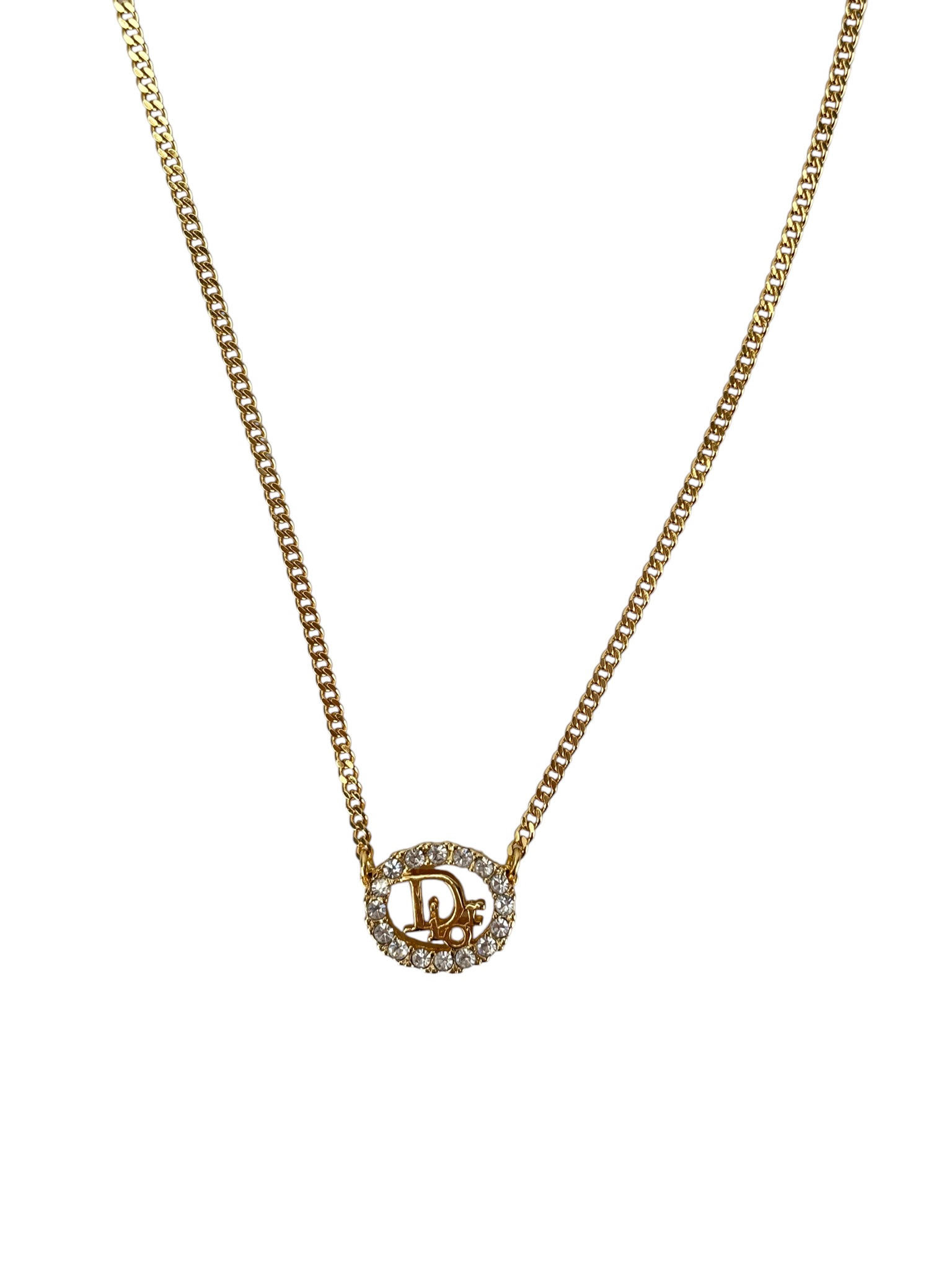 CHRISTIAN DIOR - Gold Crystal Oval Pendant Necklace