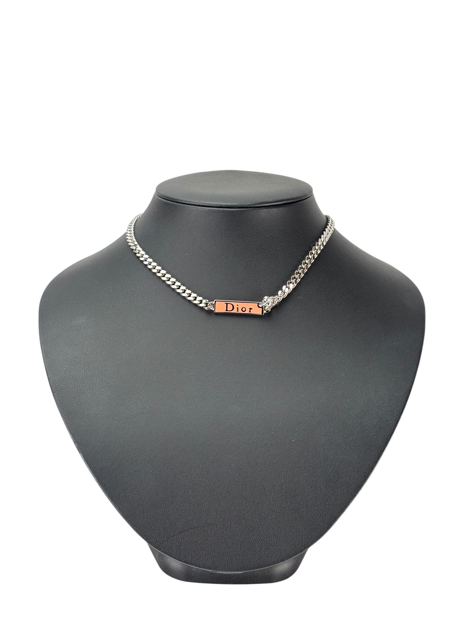 CHRISTIAN DIOR - Silver Pink Enamel Logo Choker