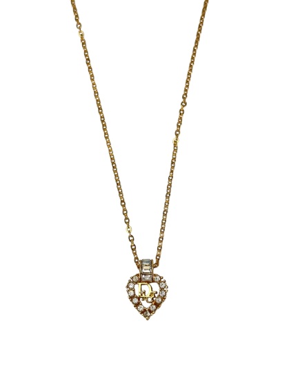 CHRISTIAN DIOR - Gold Crystal Heart Pendant Necklace