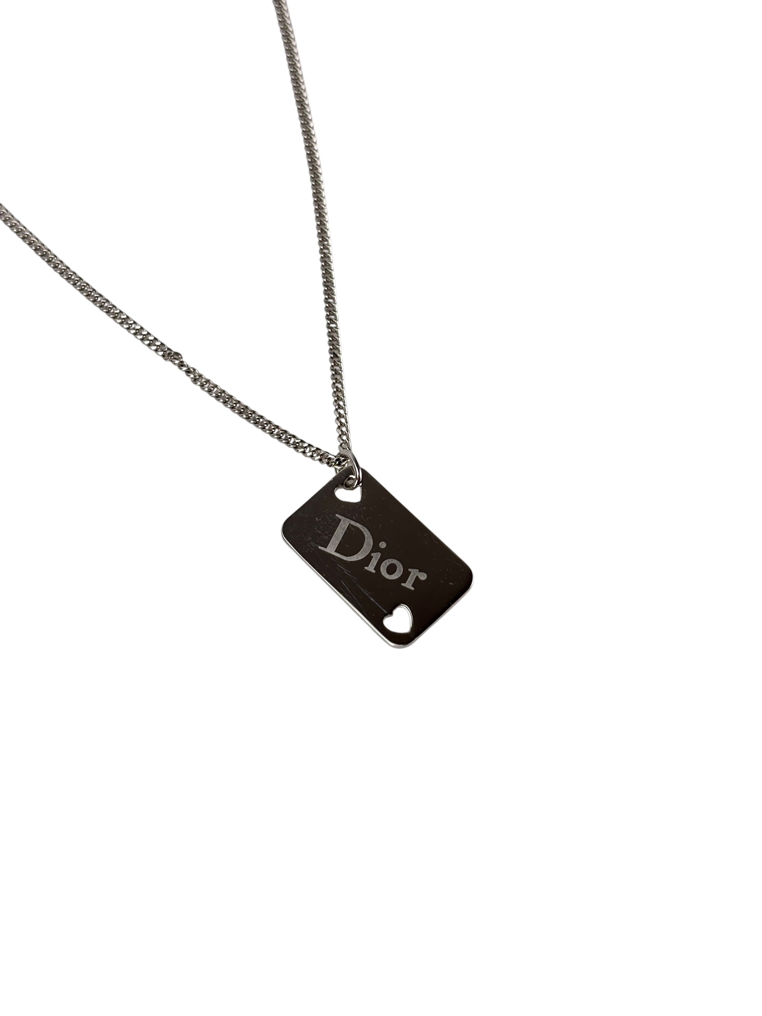 CHRISTIAN DIOR - Silver Heart Cutout Tag Pendant Necklace