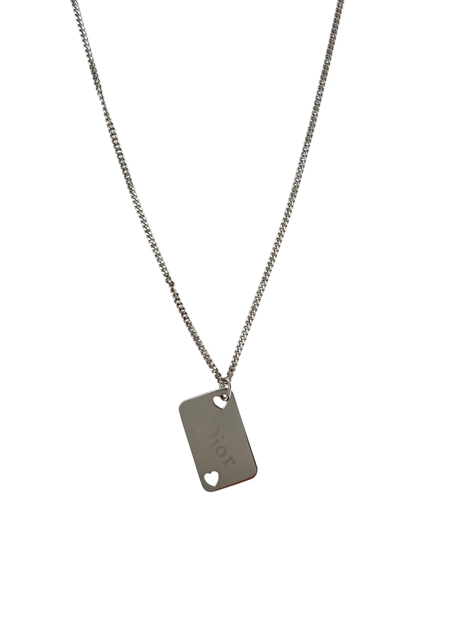 CHRISTIAN DIOR - Silver Heart Cutout Tag Pendant Necklace