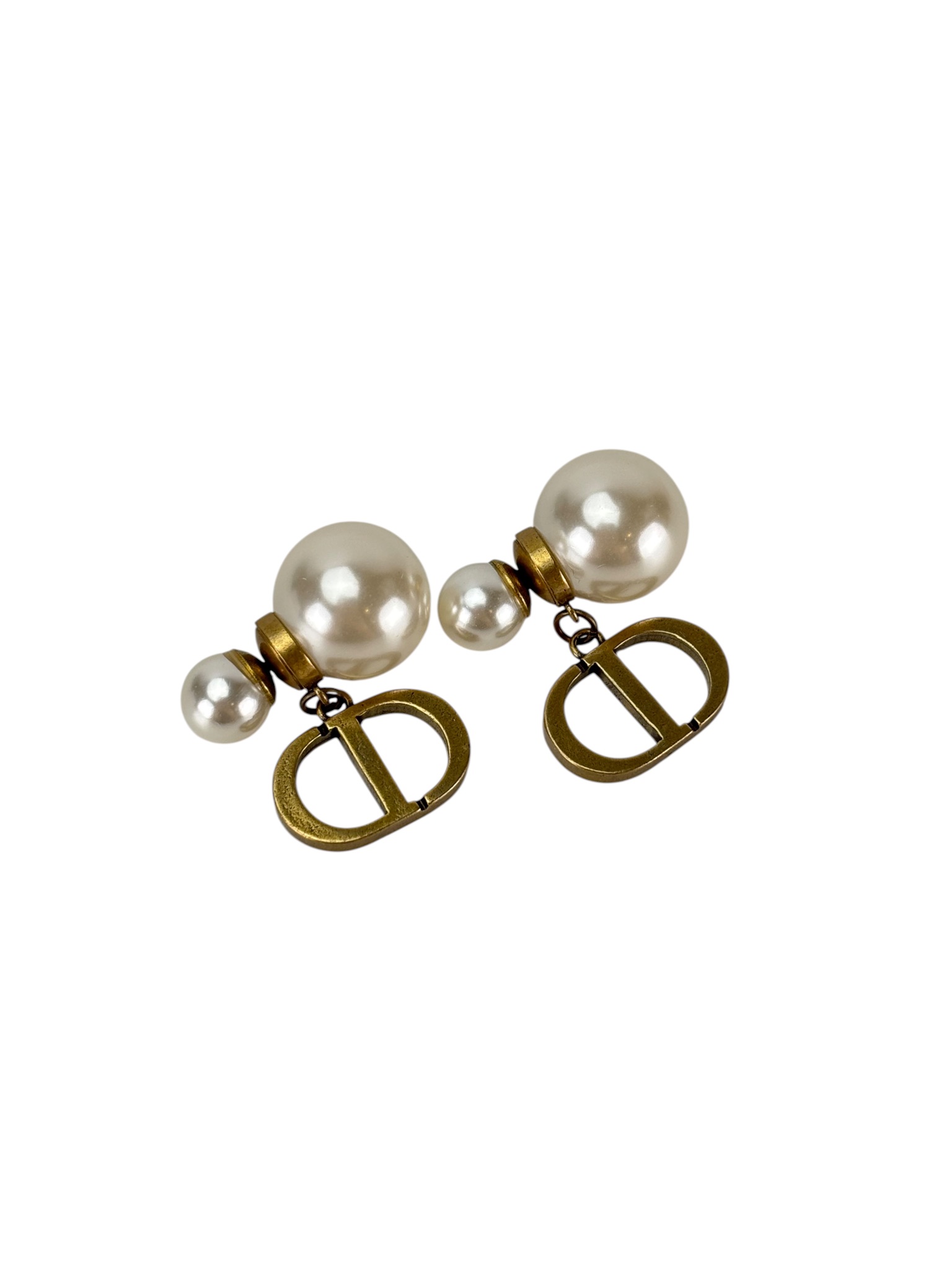 CHRISTIAN DIOR - Bronze Double Pearl CD Drop Earrings