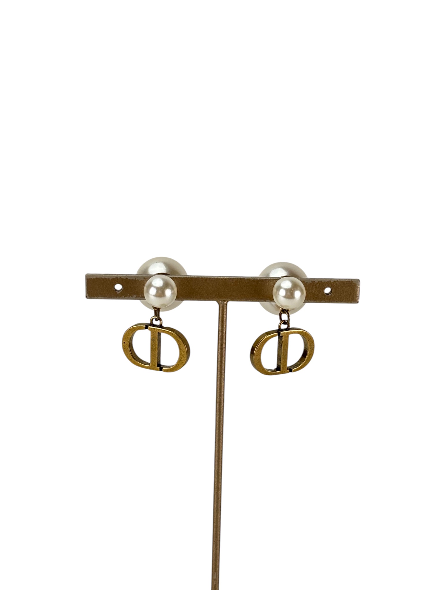 CHRISTIAN DIOR - Bronze Double Pearl CD Drop Earrings