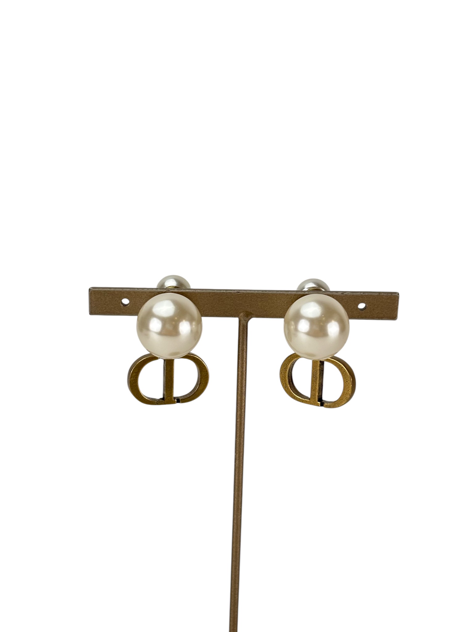 CHRISTIAN DIOR - Bronze Double Pearl CD Drop Earrings