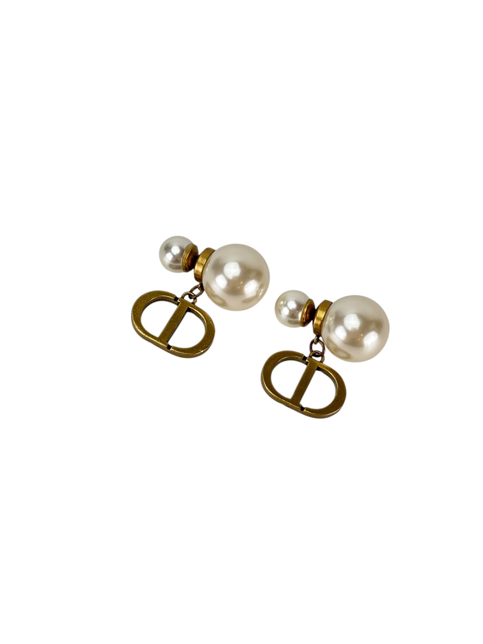CHRISTIAN DIOR - Bronze Double Pearl CD Drop Earrings