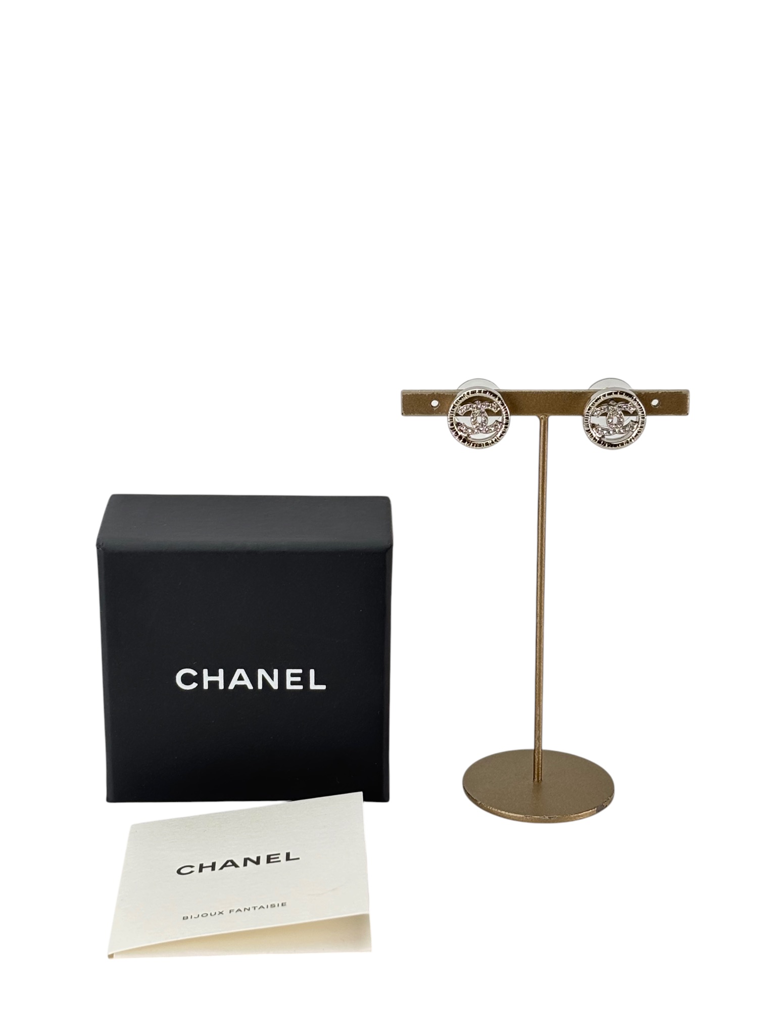 CHANEL - 22A Silver Classic CC Logo Rhinestone Earrings