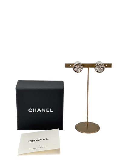 CHANEL - 22A Silver Classic CC Logo Rhinestone Earrings