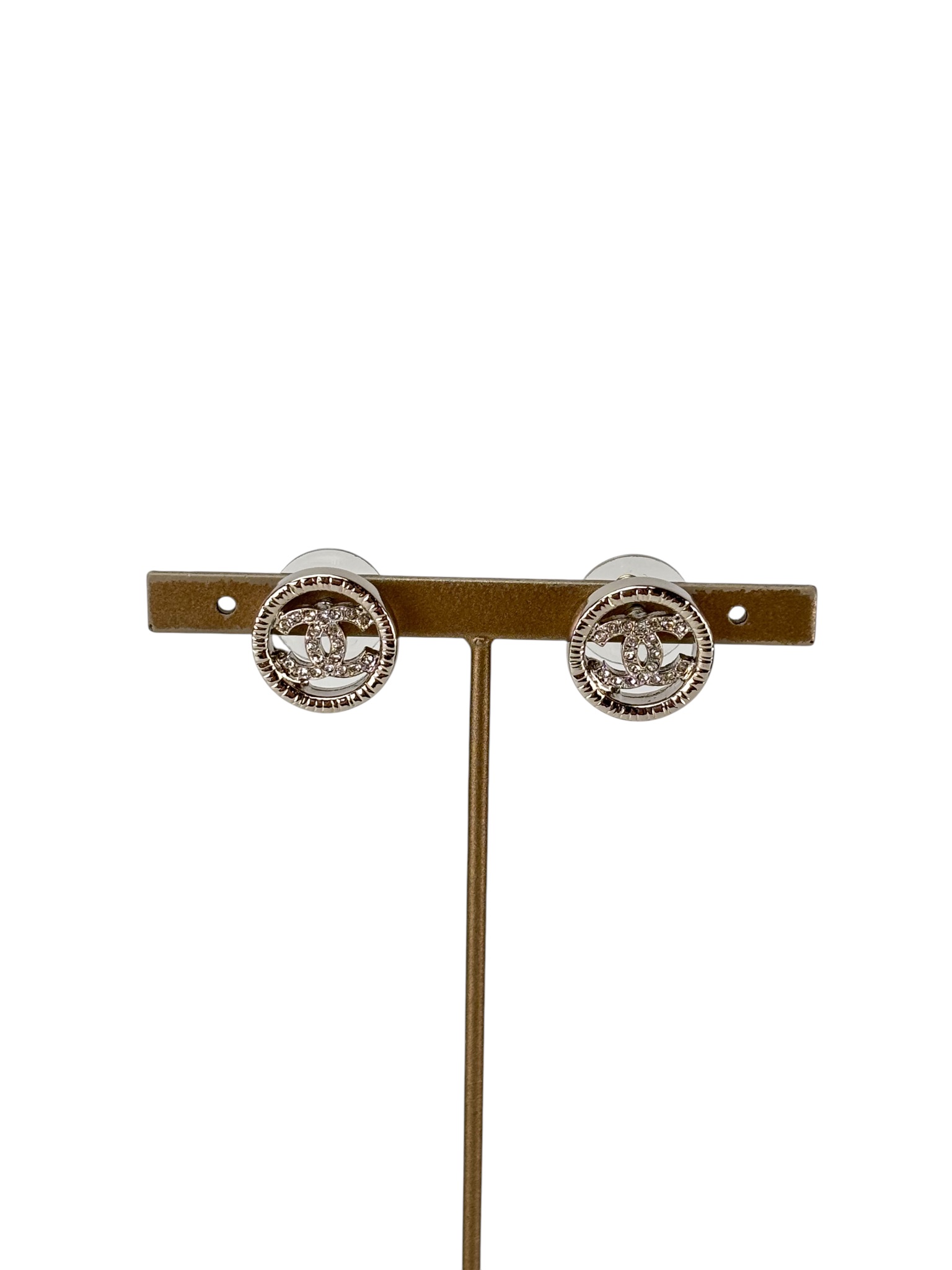 CHANEL - 22A Silver Classic CC Logo Rhinestone Earrings