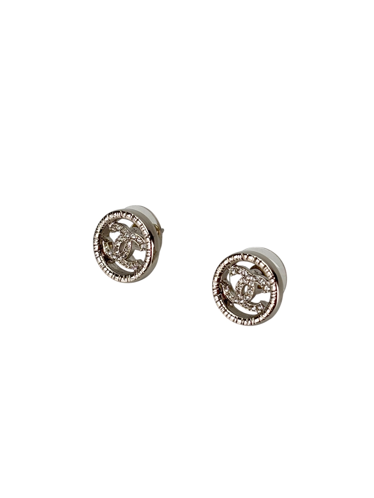 CHANEL - 22A Silver Classic CC Logo Rhinestone Earrings