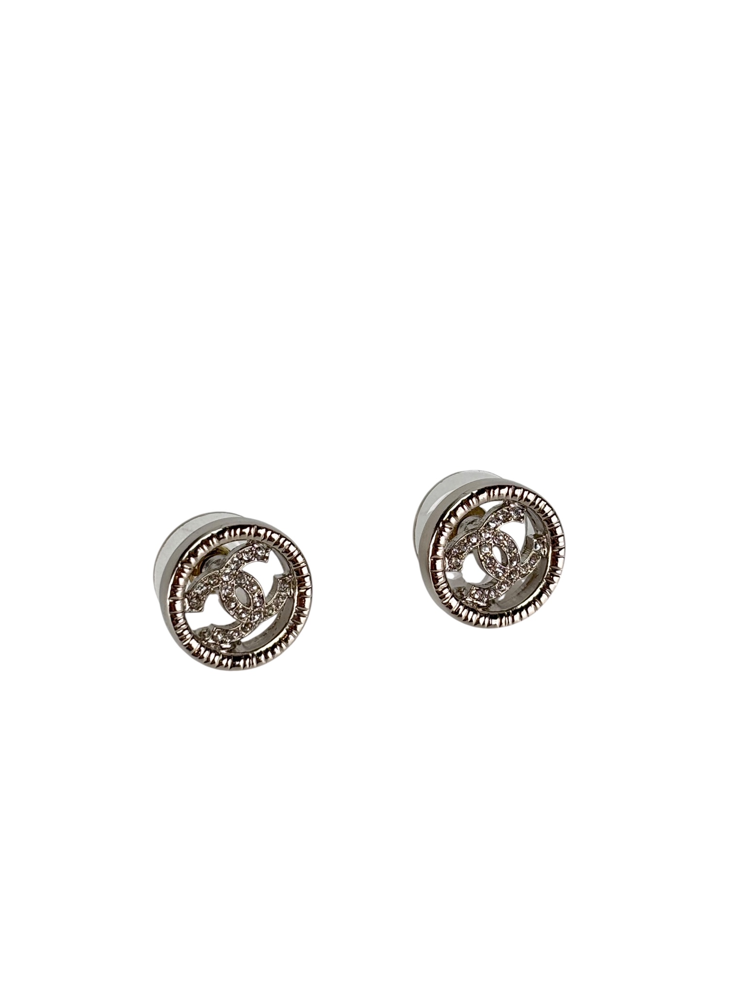 CHANEL - 22A Silver Classic CC Logo Rhinestone Earrings