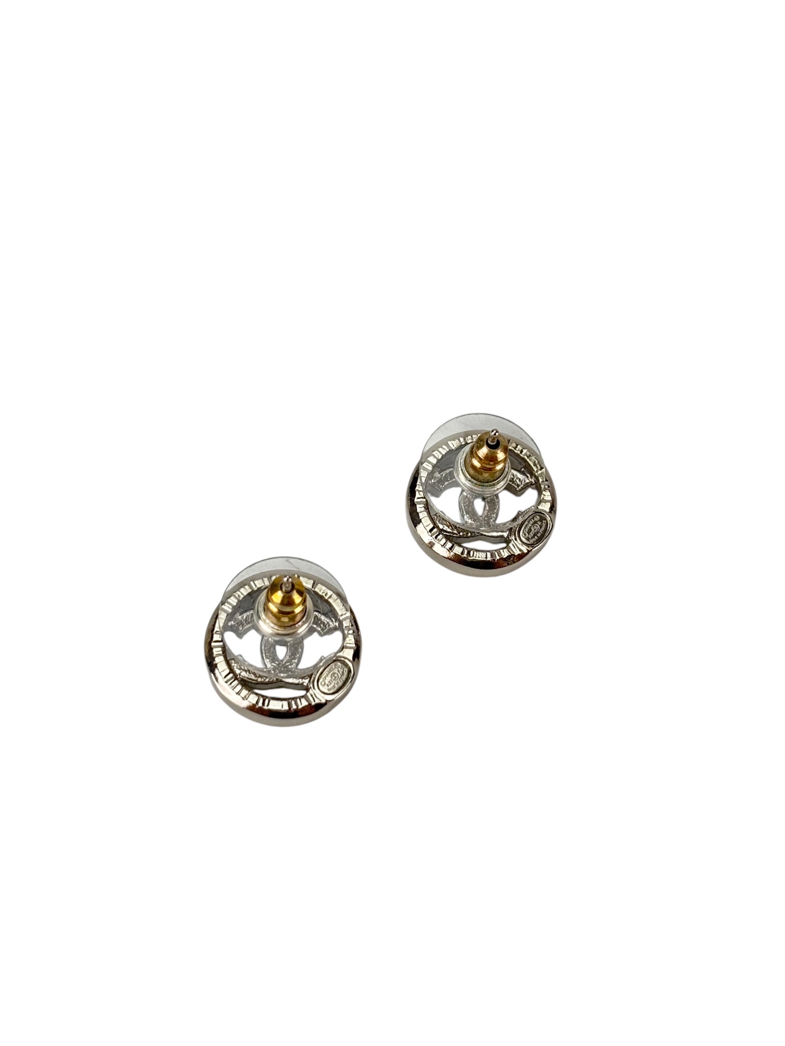 CHANEL - 22A Silver Classic CC Logo Rhinestone Earrings