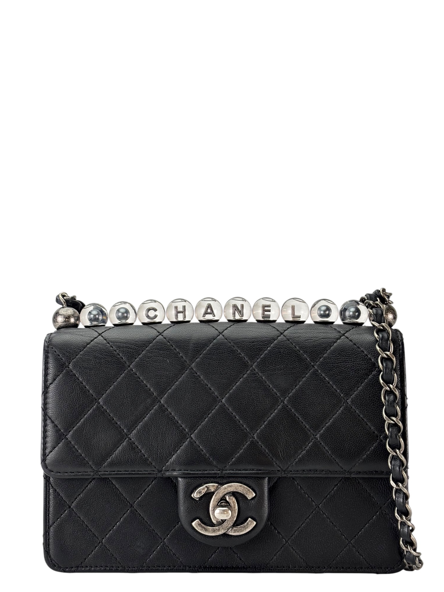 CHANEL - Black Calfskin Pearl Chain Flap Bag Sliver Hardware