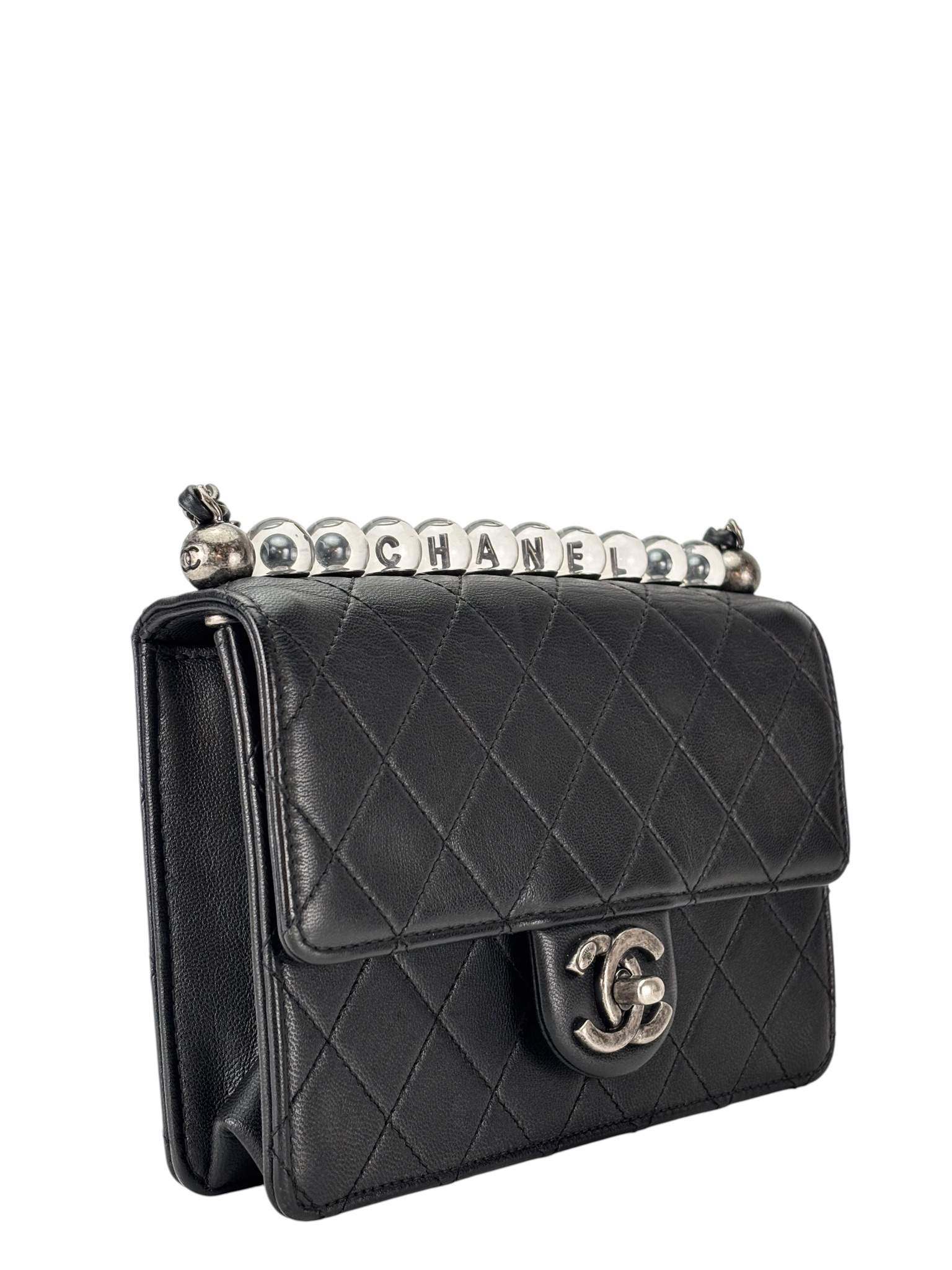 CHANEL - Black Calfskin Pearl Chain Flap Bag Sliver Hardware