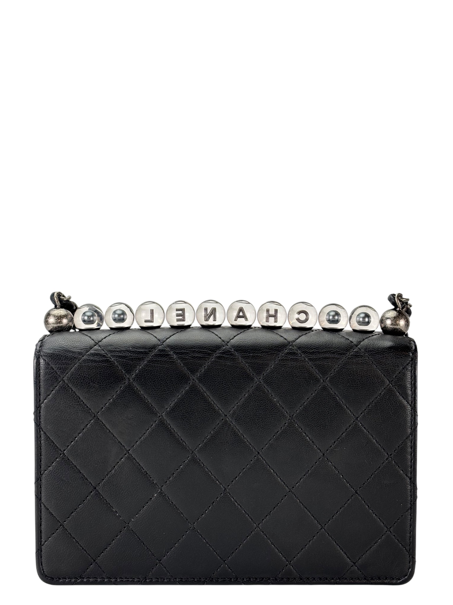 CHANEL - Black Calfskin Pearl Chain Flap Bag Sliver Hardware