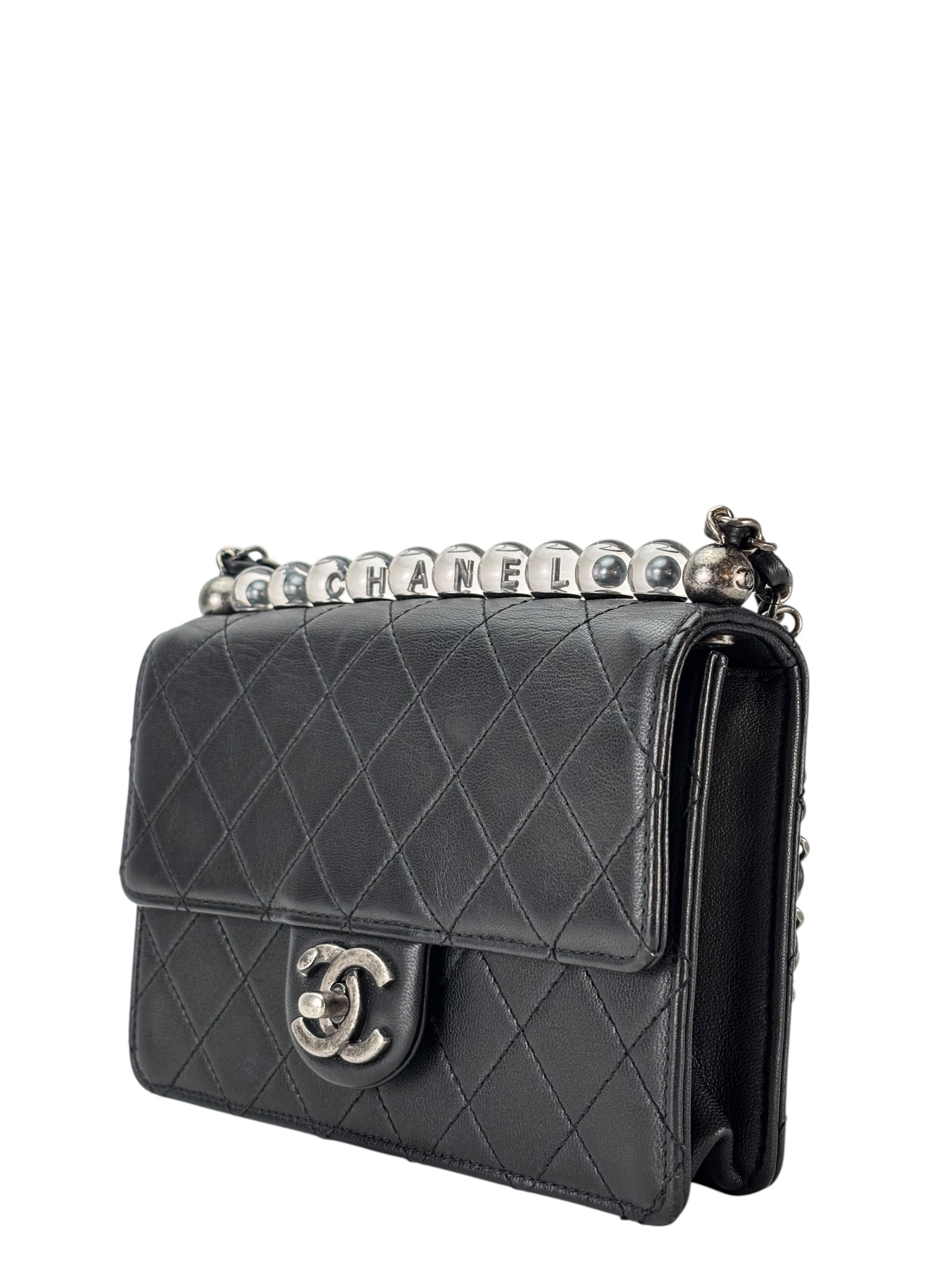 CHANEL - Black Calfskin Pearl Chain Flap Bag Sliver Hardware