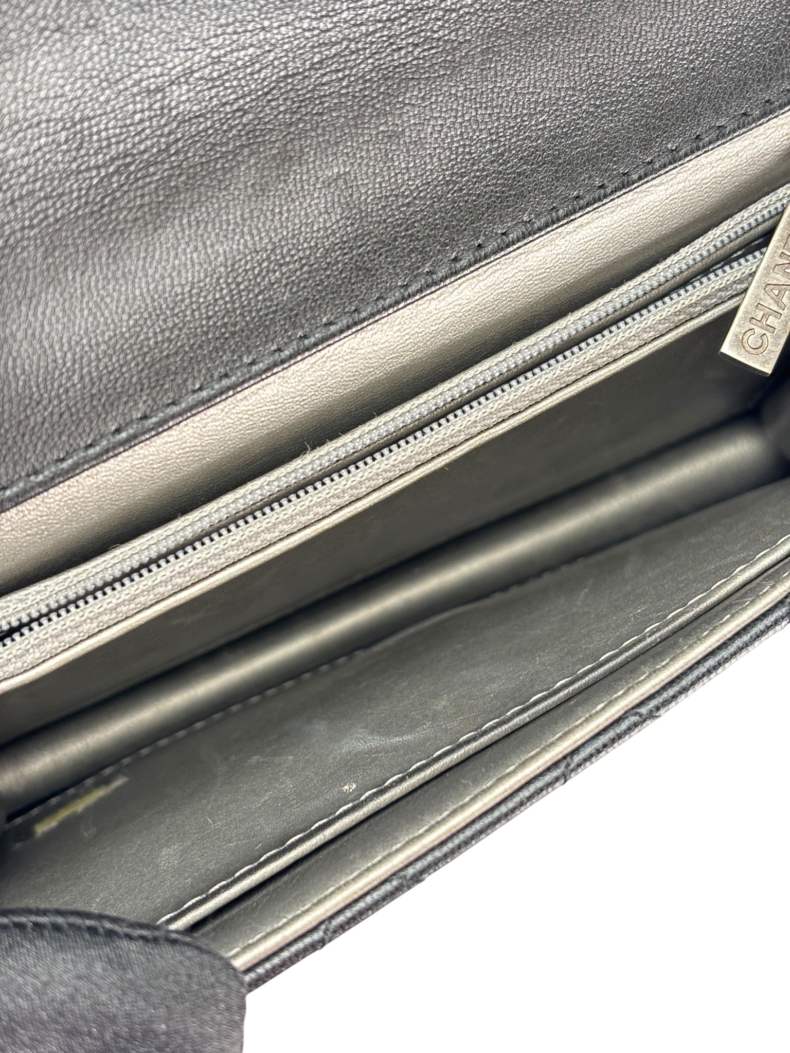 CHANEL - Black Calfskin Pearl Chain Flap Bag Sliver Hardware
