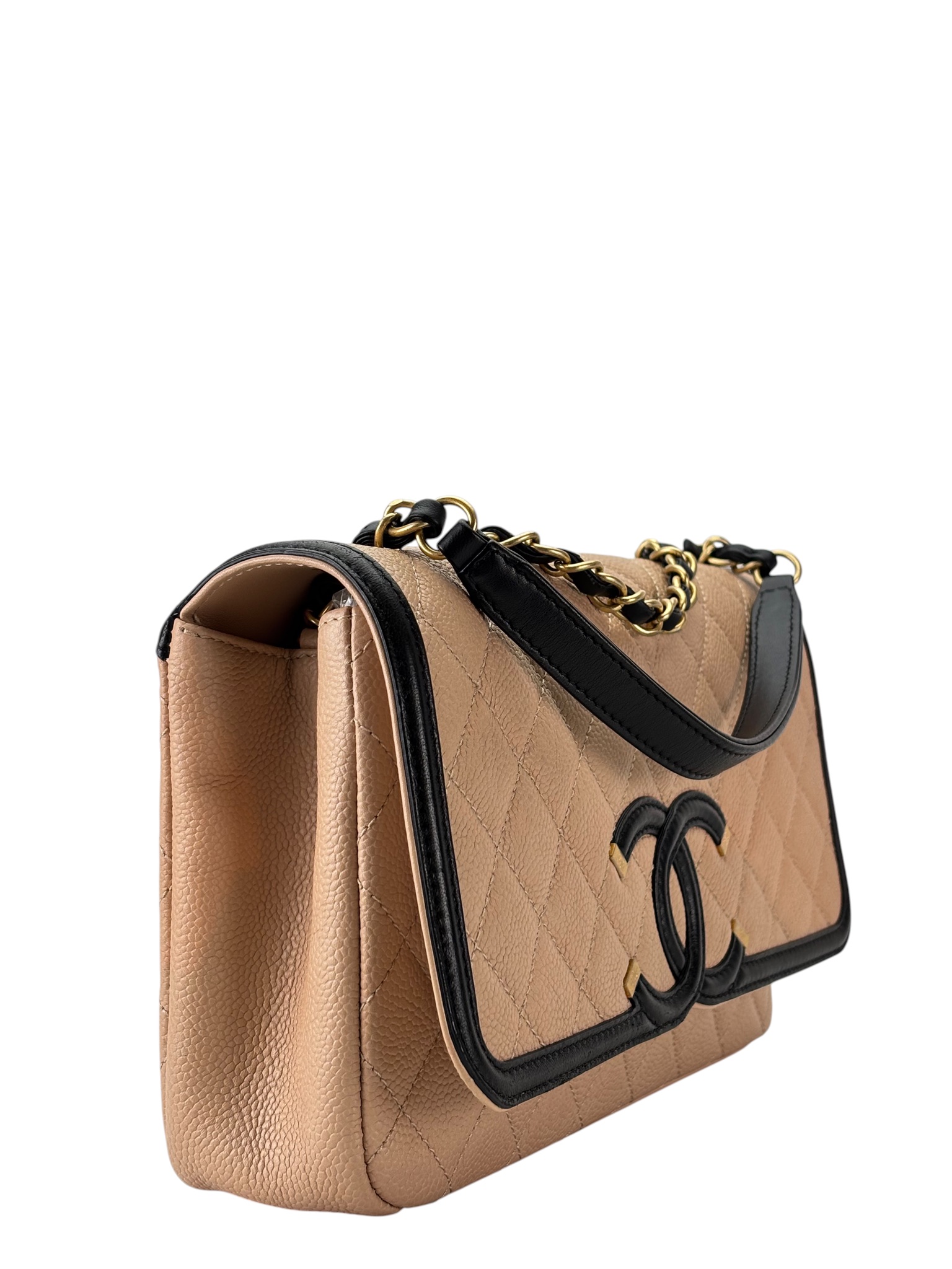 CHANEL - Beige Caviar Filigree Shoulder Bag Gold Hardware