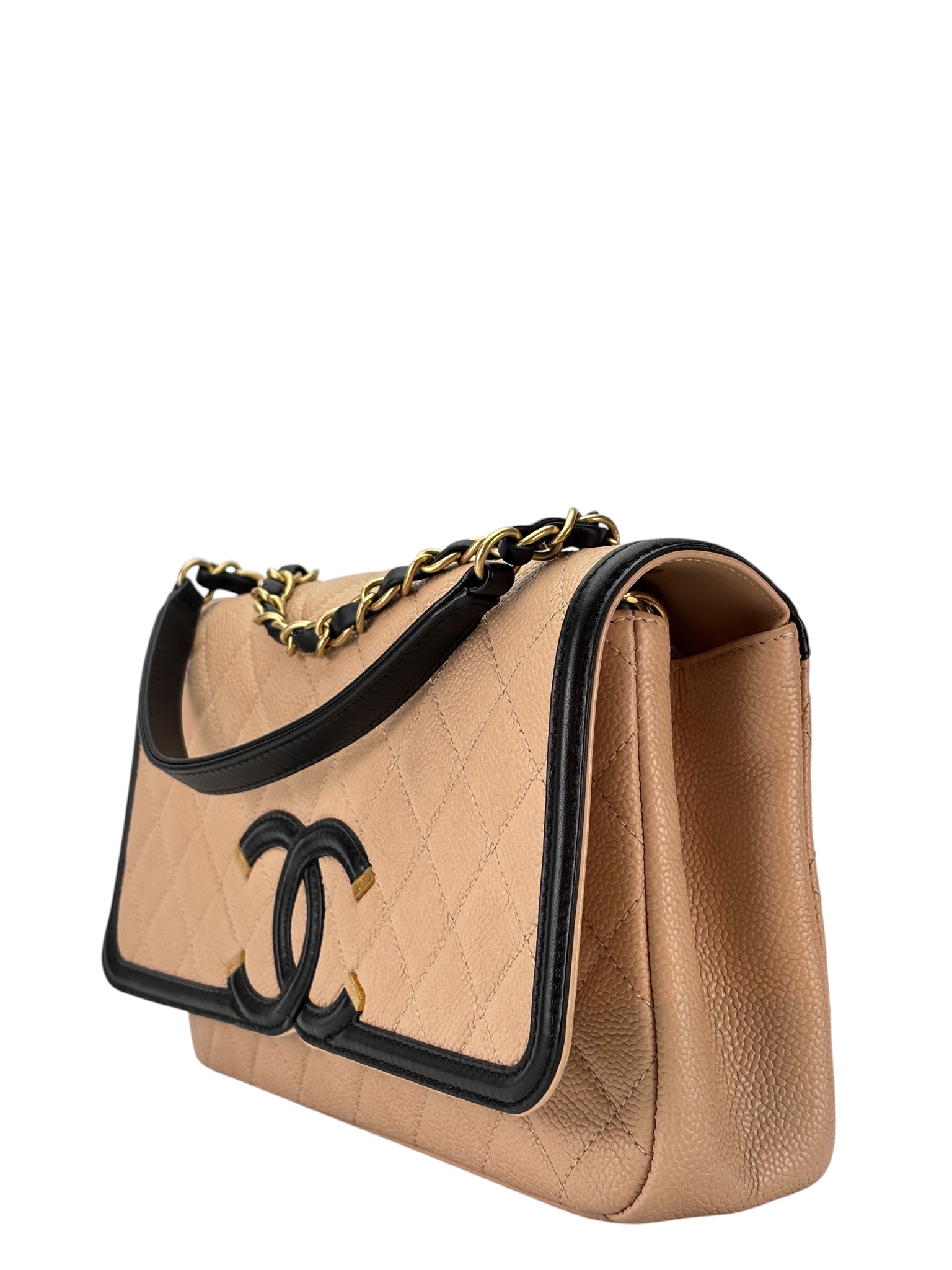 CHANEL - Beige Caviar Filigree Shoulder Bag Gold Hardware