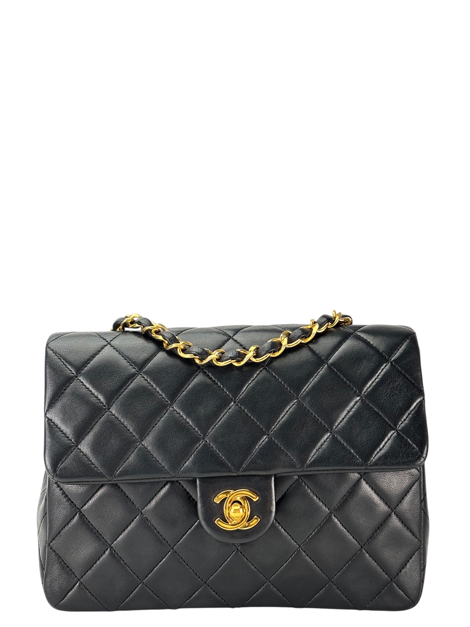 CHANEL - Black Lambskin Mini Classic Square Flap Shoulder Bag 20