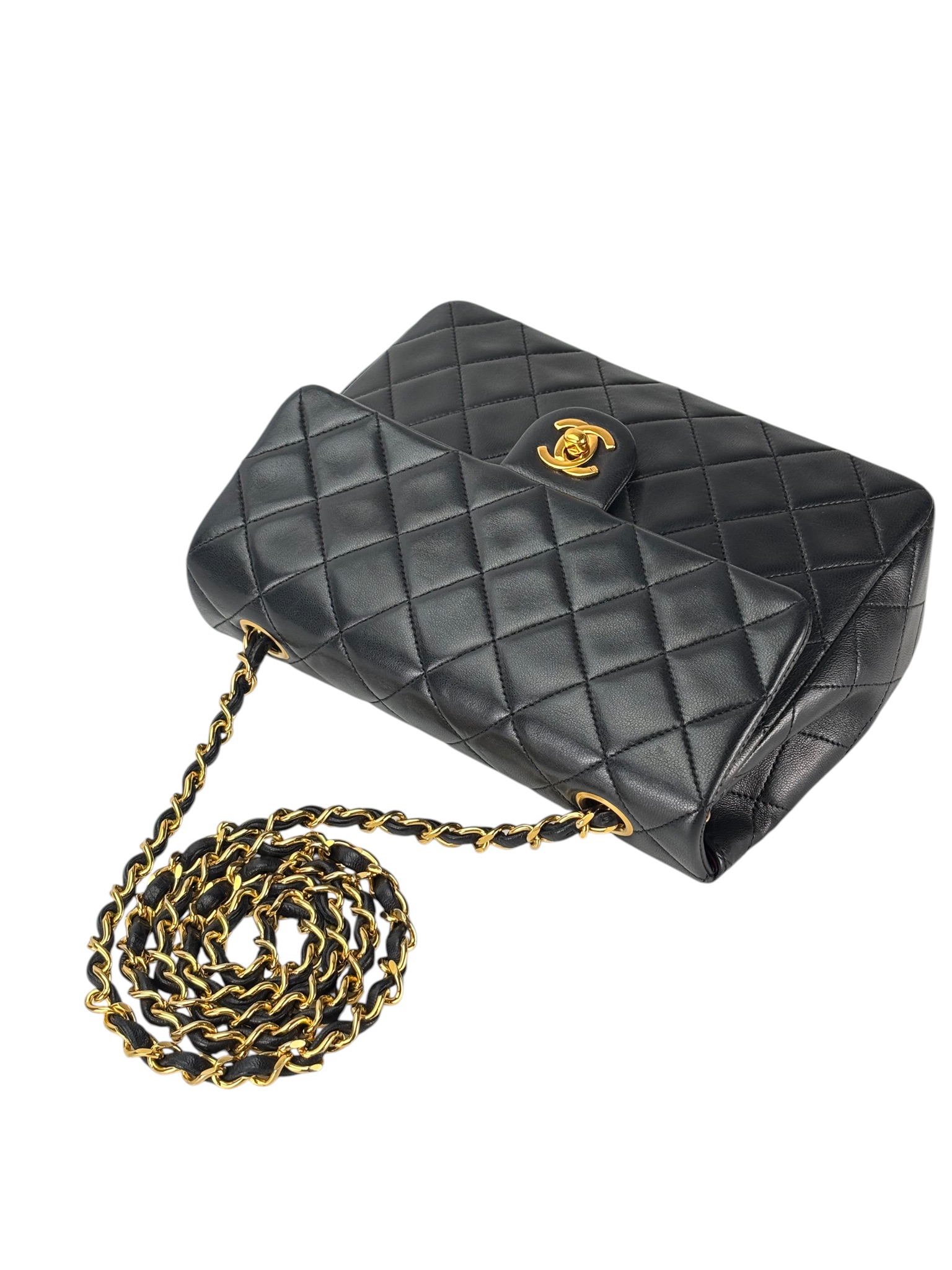 CHANEL - Black Lambskin Mini Classic Square Flap Shoulder Bag 20