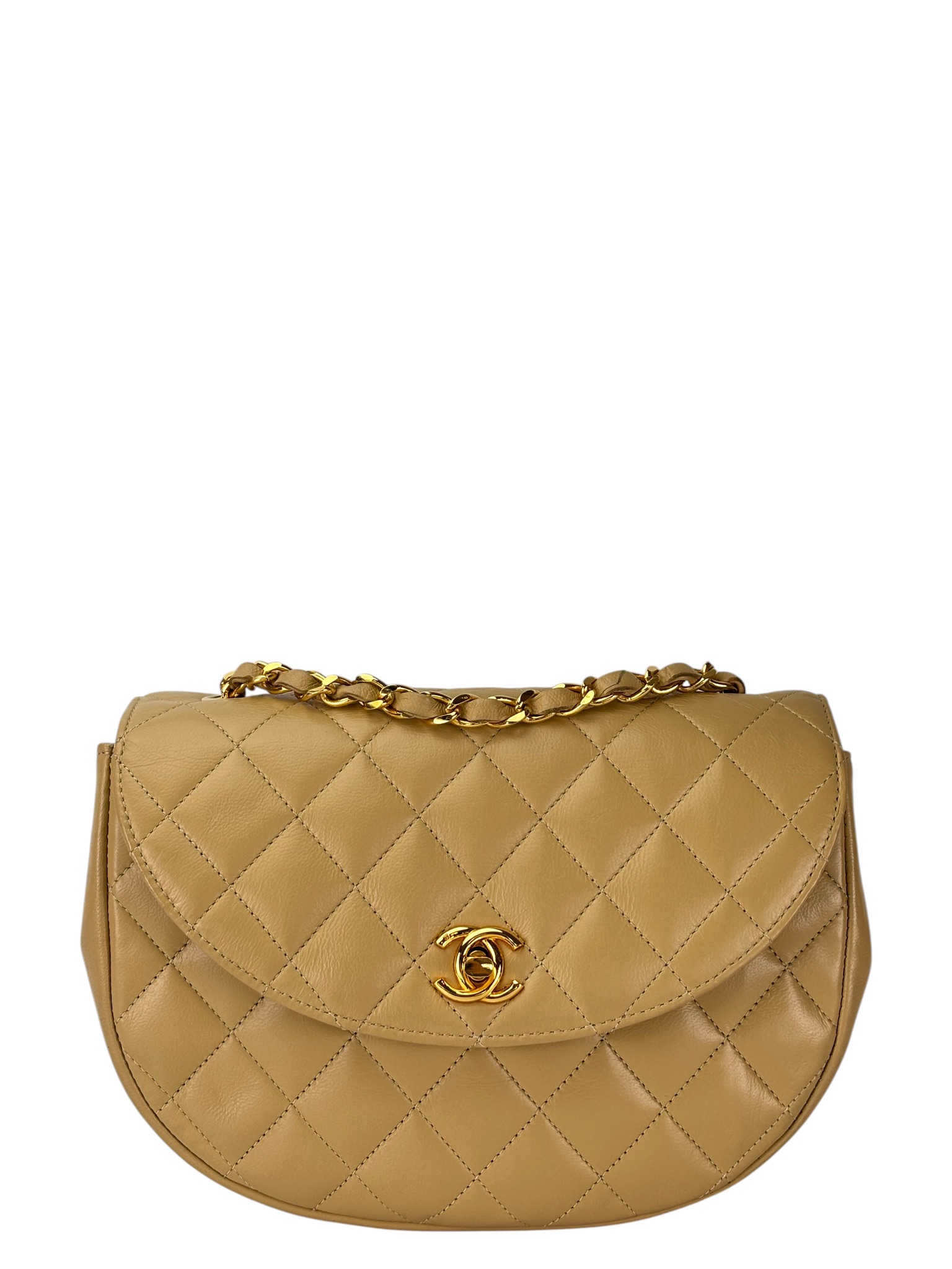 CHANEL - Beige Lambskin Matelasse Half Moon Shoulder Bag