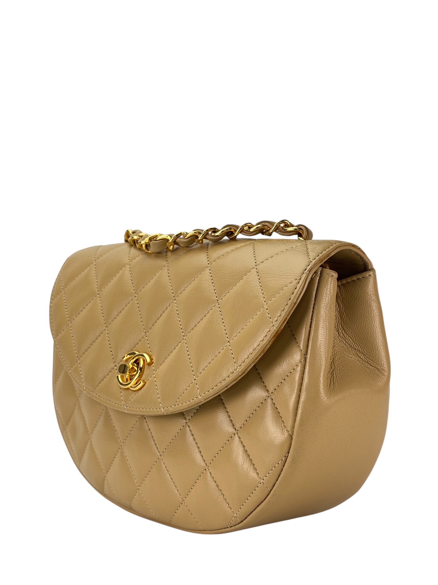 CHANEL - Beige Lambskin Matelasse Half Moon Shoulder Bag