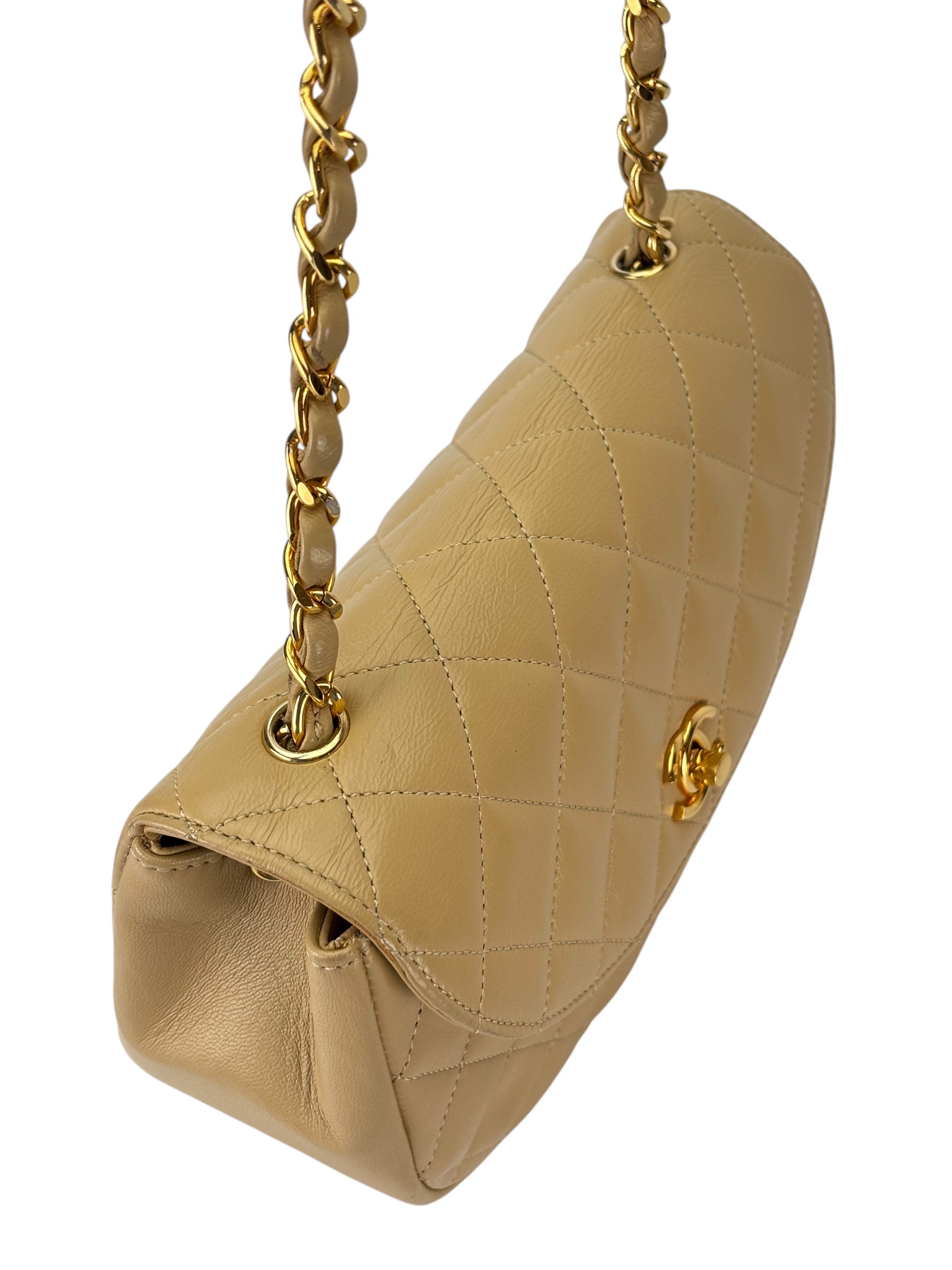 CHANEL - Beige Lambskin Matelasse Half Moon Shoulder Bag