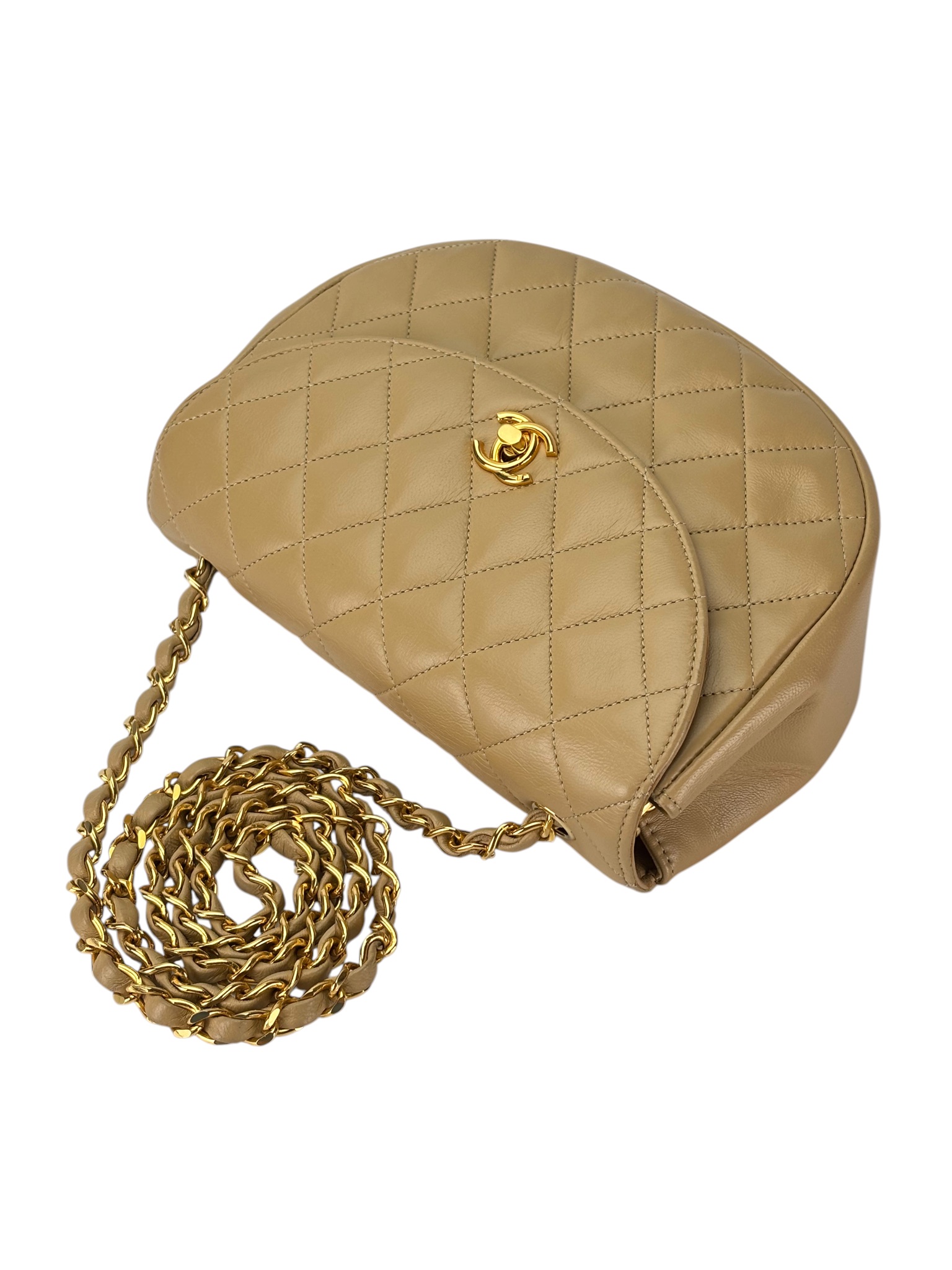 CHANEL - Beige Lambskin Matelasse Half Moon Shoulder Bag