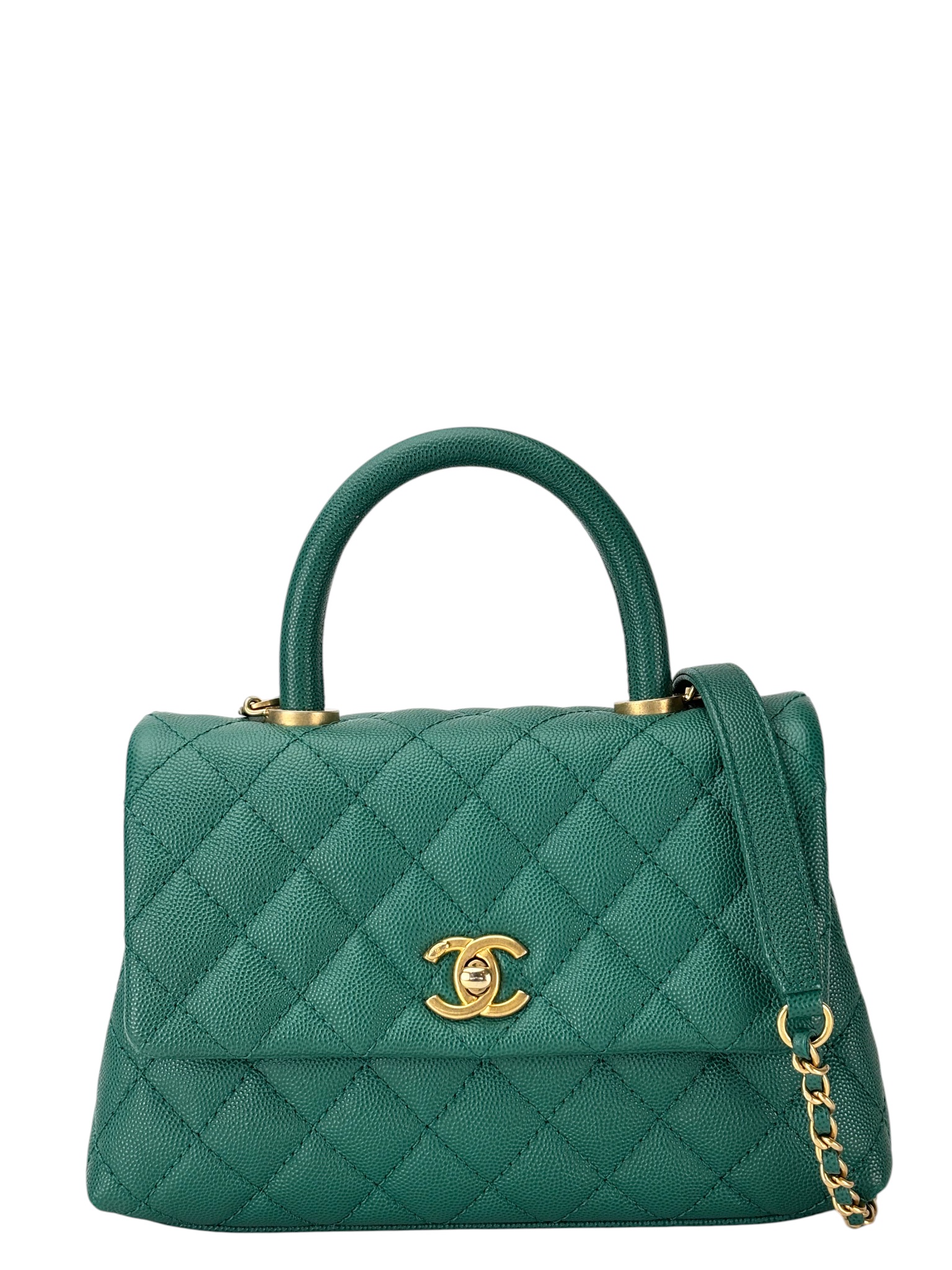 CHANEL - Small Coco Handle Green Caviar 2way Handbag Gold Hardware