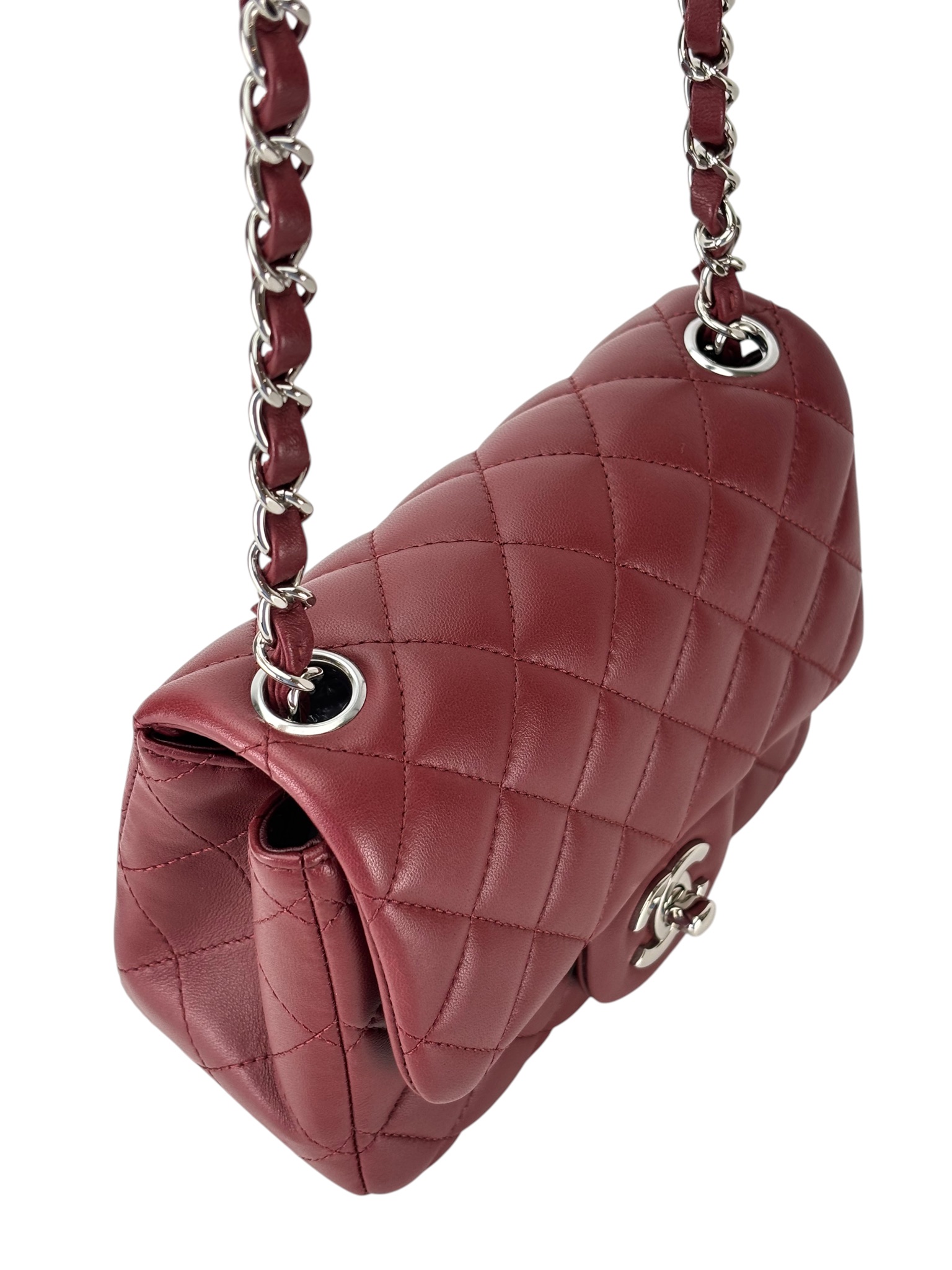 CHANEL -  Red Lambskin Mini Burgundy Flap Bag 