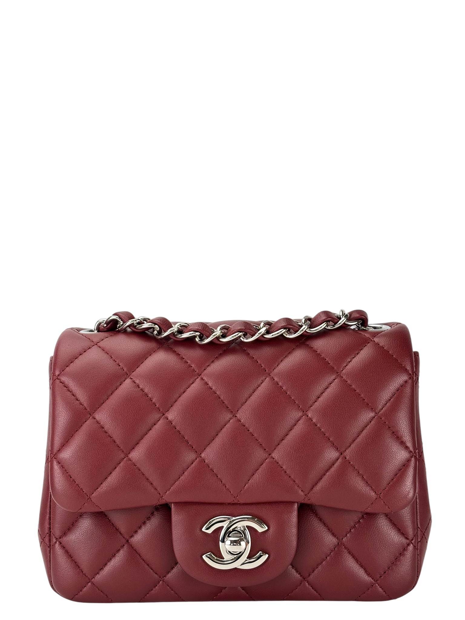 CHANEL -  Red Lambskin Mini Burgundy Flap Bag 