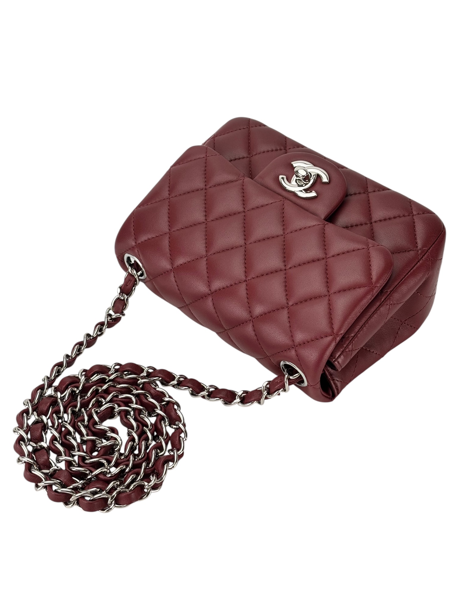 CHANEL -  Red Lambskin Mini Burgundy Flap Bag 