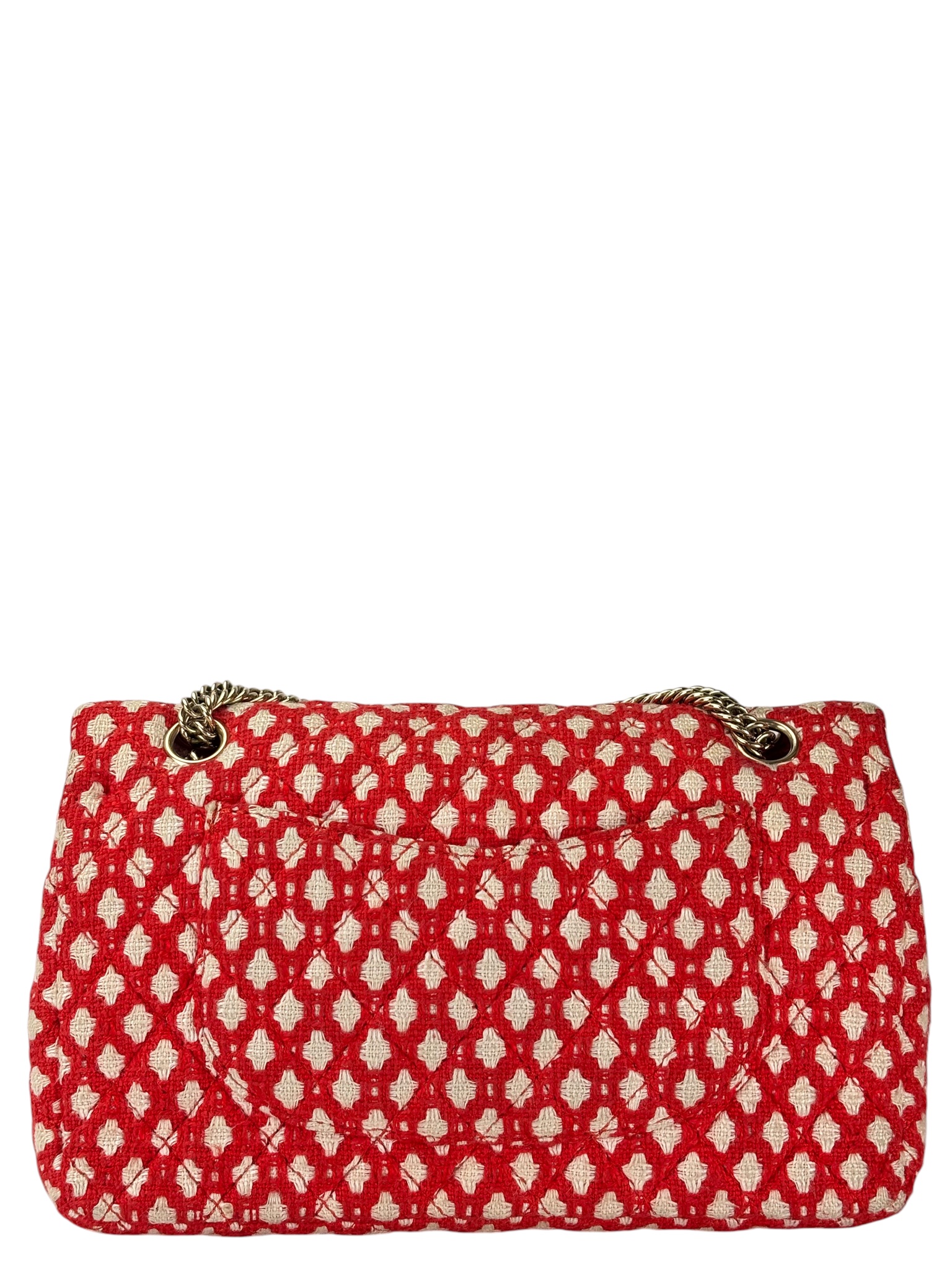 CHANEL - Medium Classic Double Flap Bag Red White Tweed Gold Hardware (CF25)