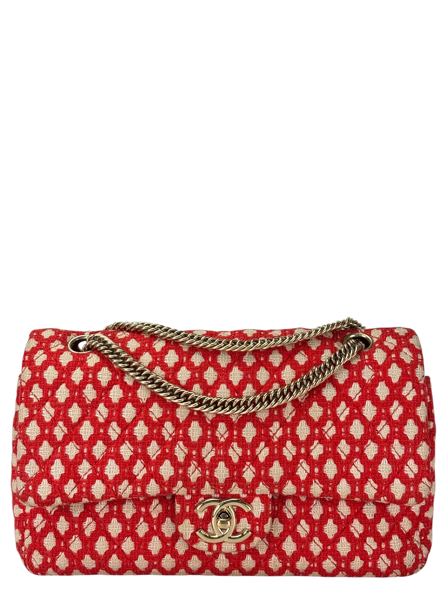 CHANEL - Medium Classic Double Flap Bag Red White Tweed Gold Hardware (CF25)