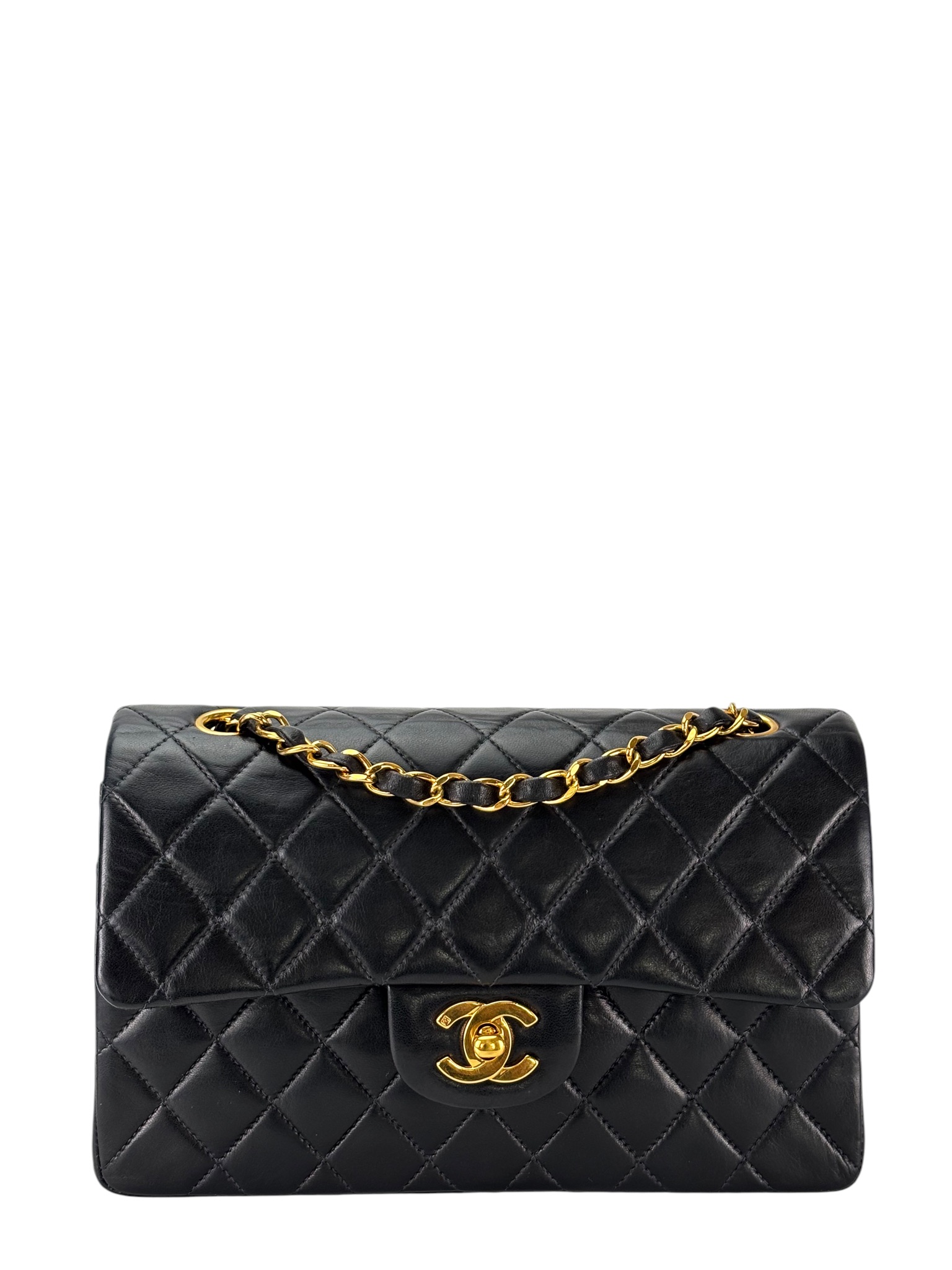 CHANEL - Small Classic Double Flap Bag Black Lambskin Gold Hardware (CF23)