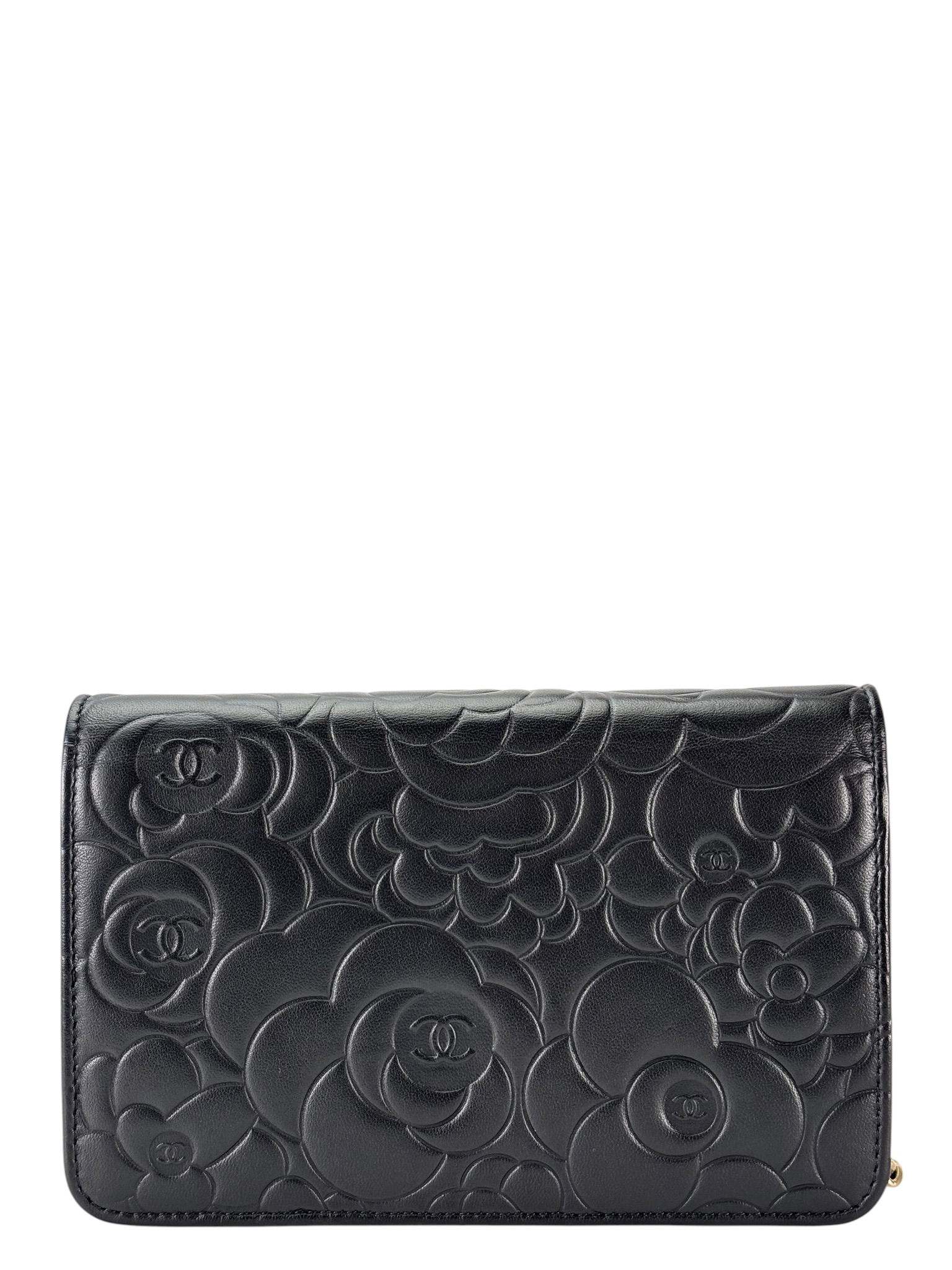 CHANEL - Black Lambskin Camellia Wallet on Chain (WOC)  