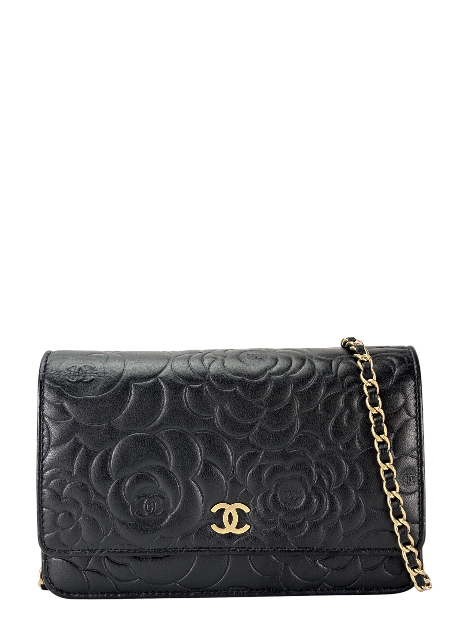 CHANEL - Black Lambskin Camellia Wallet on Chain (WOC)  
