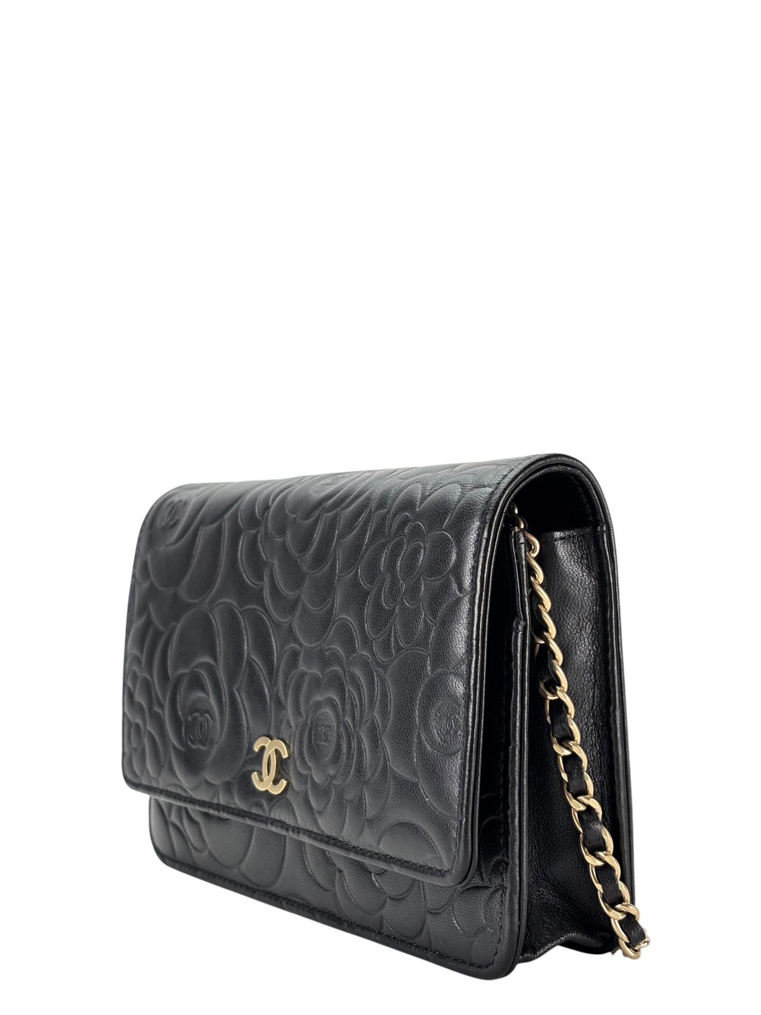 CHANEL - Black Lambskin Camellia Wallet on Chain (WOC)  