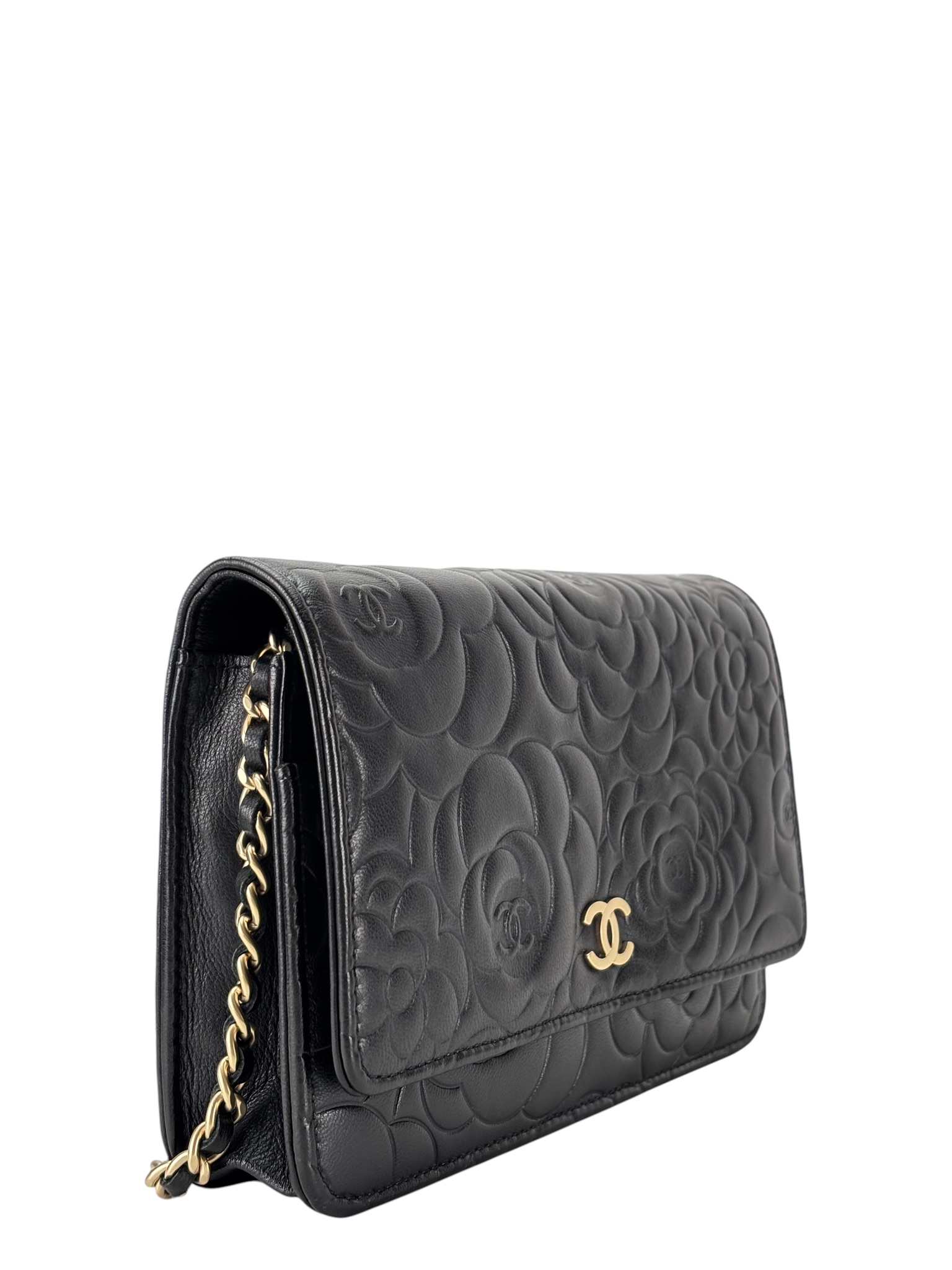 CHANEL - Black Lambskin Camellia Wallet on Chain (WOC)  