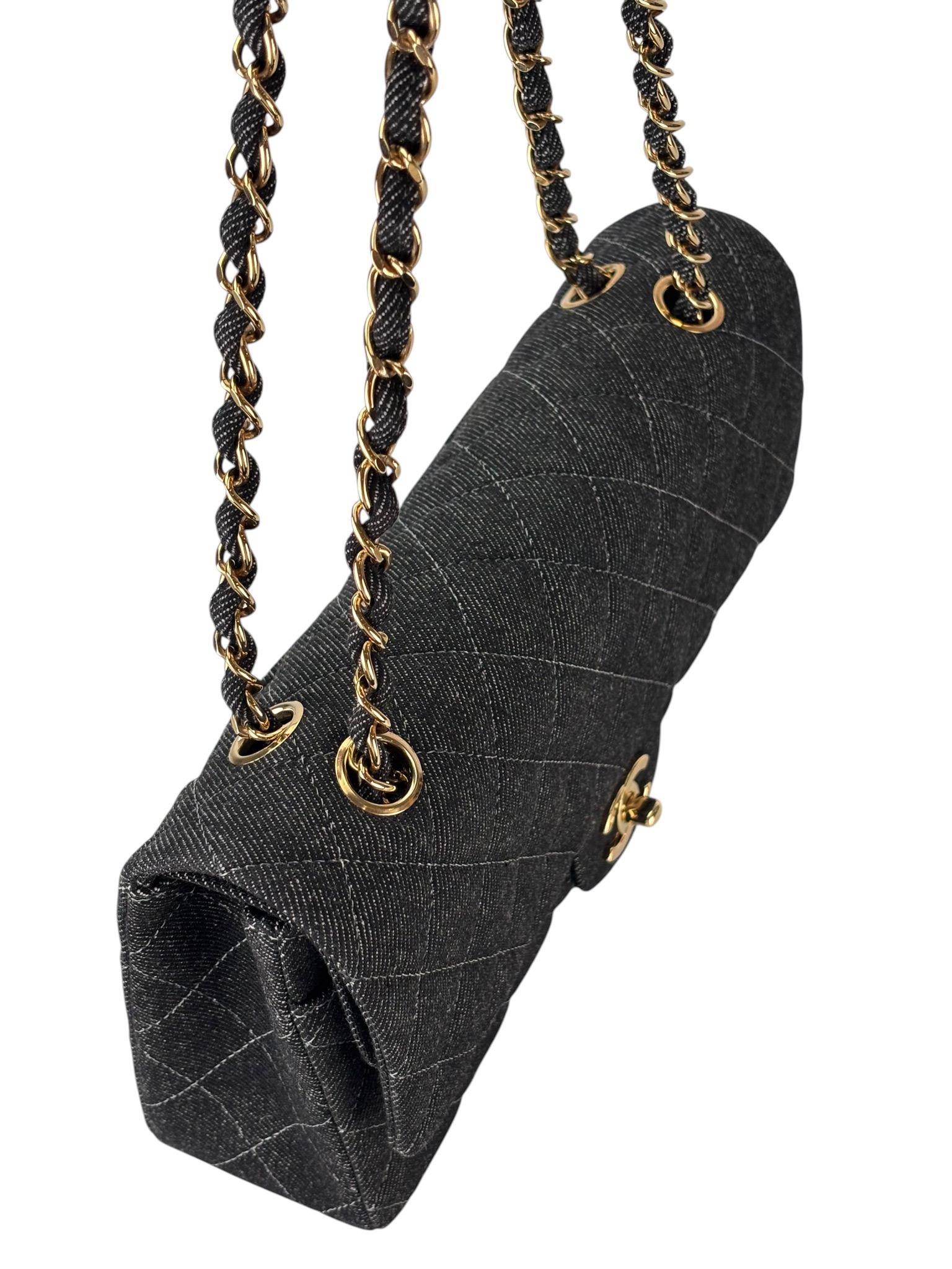 CHANEL -  Medium Classic Double Flap Bag Black Denim Sliver Hardware (CF25)