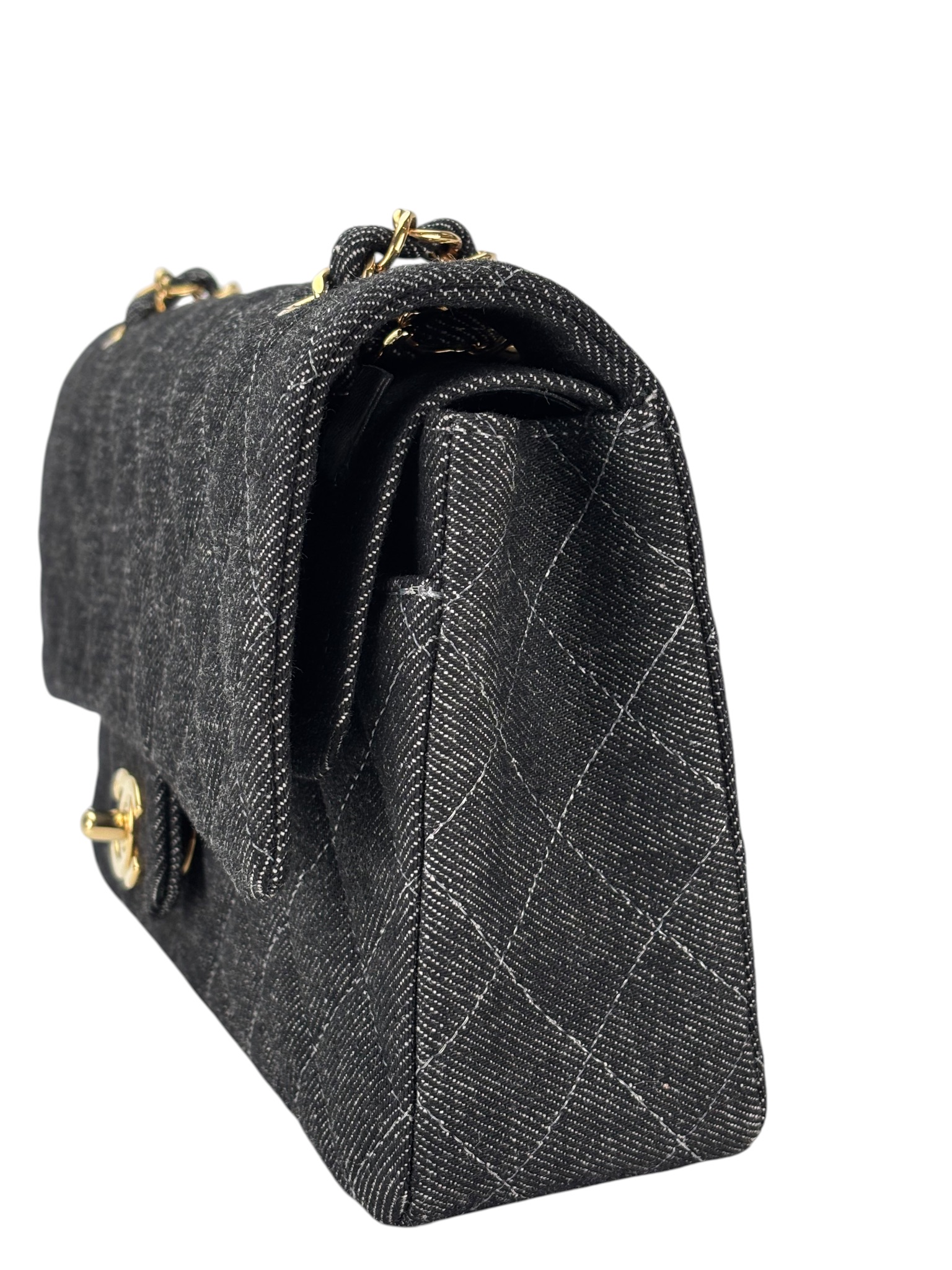 CHANEL -  Medium Classic Double Flap Bag Black Denim Sliver Hardware (CF25)