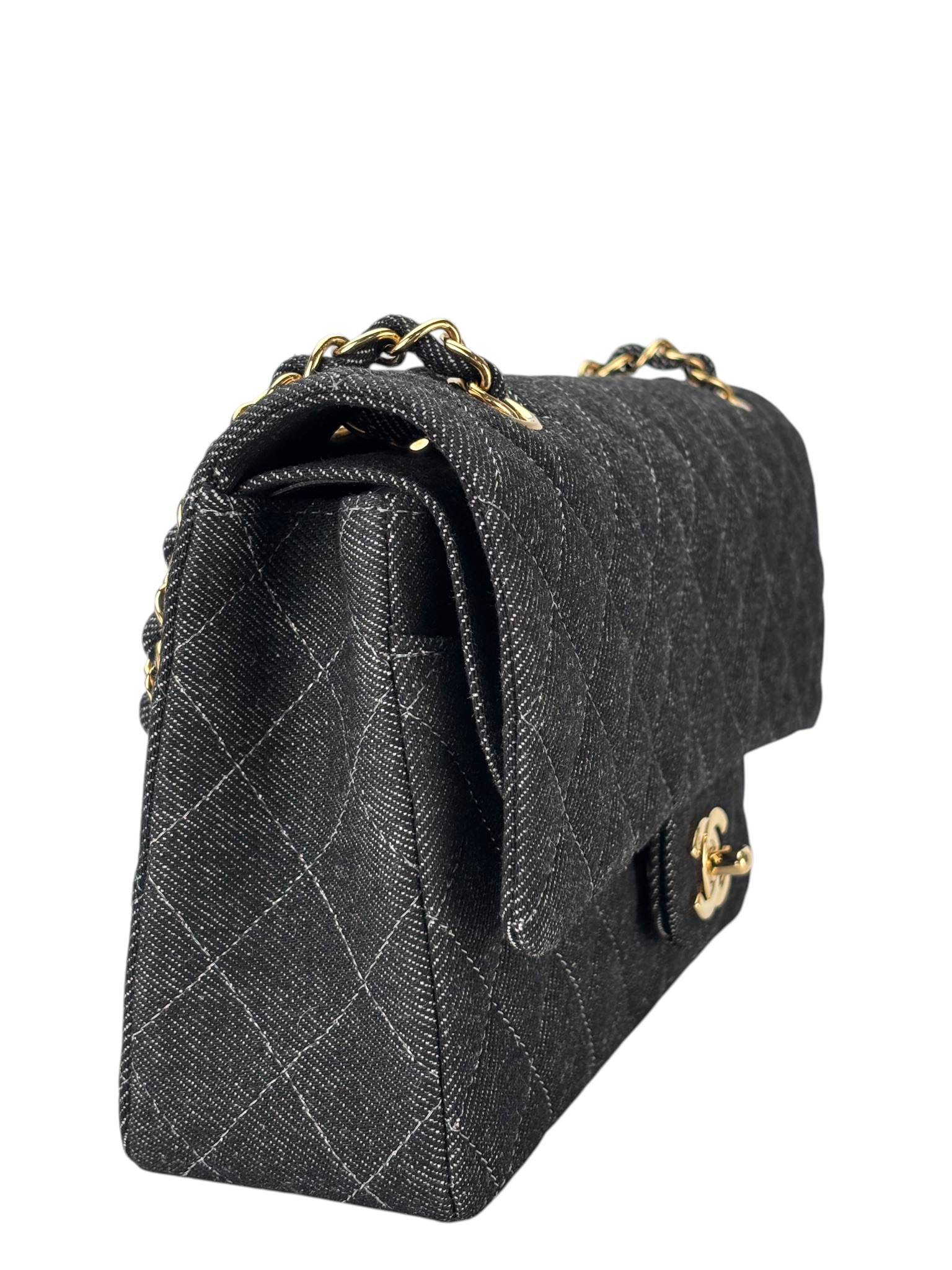 CHANEL -  Medium Classic Double Flap Bag Black Denim Sliver Hardware (CF25)