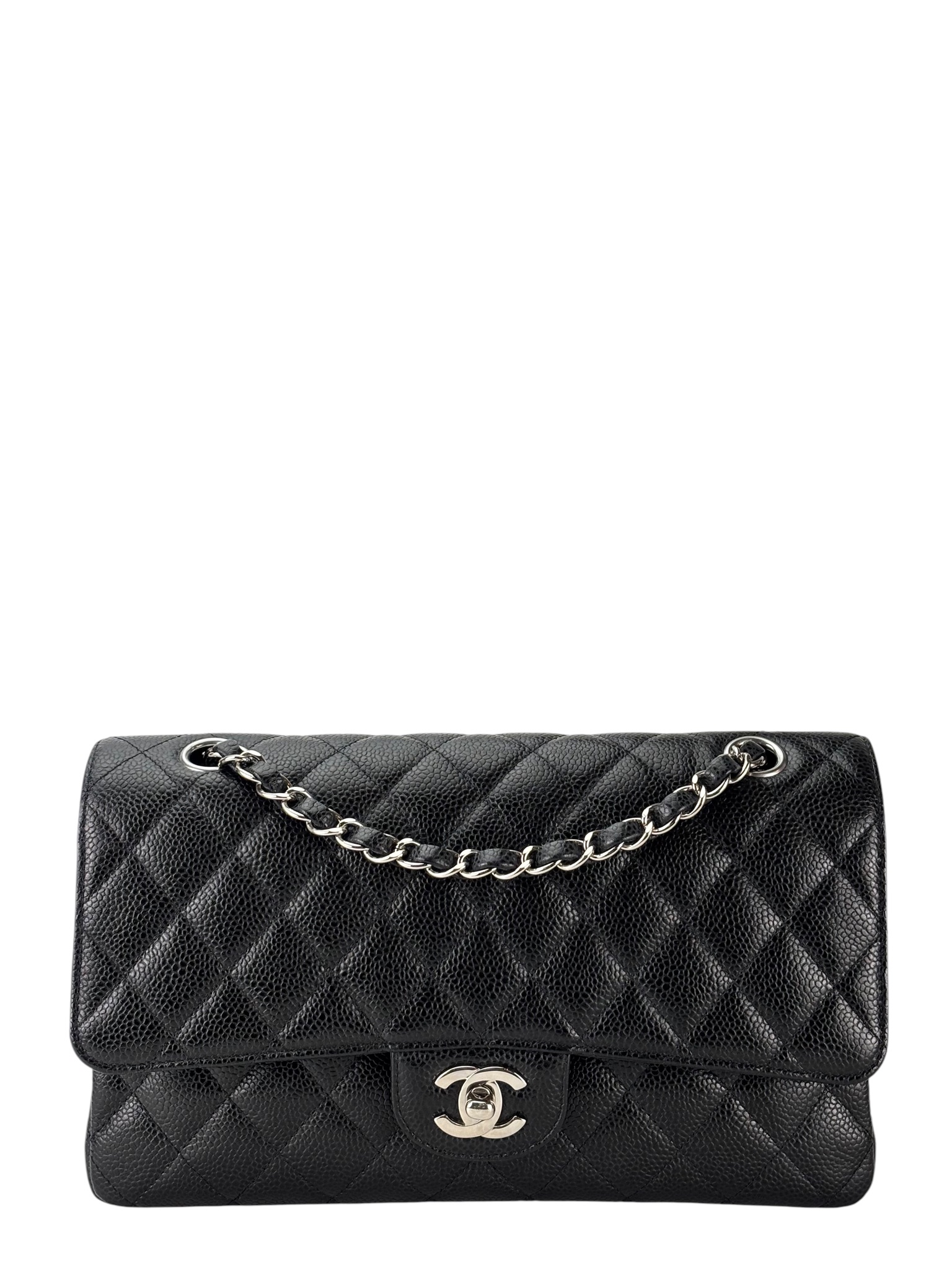CHANEL - Medium Classic Double Flap Bag Black Caviar Sliver Hardware (CF25)