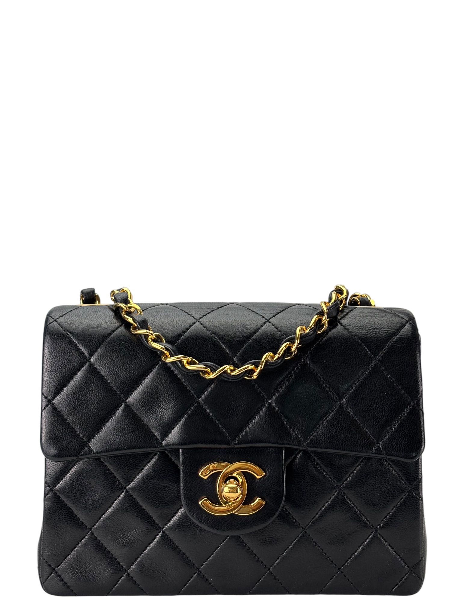 CHANEL - Black Lambskin Mini Classic Square Flap Shoulder Bag 17