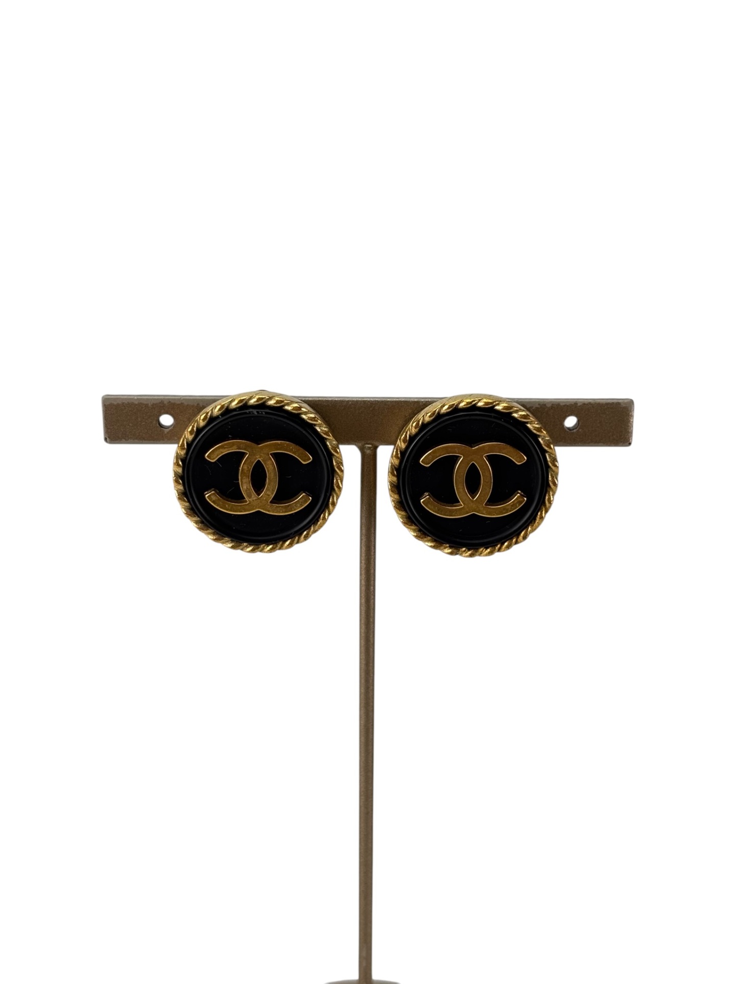 CHANEL - 94A Gold Black CC Logo Round Clip On Earrings
