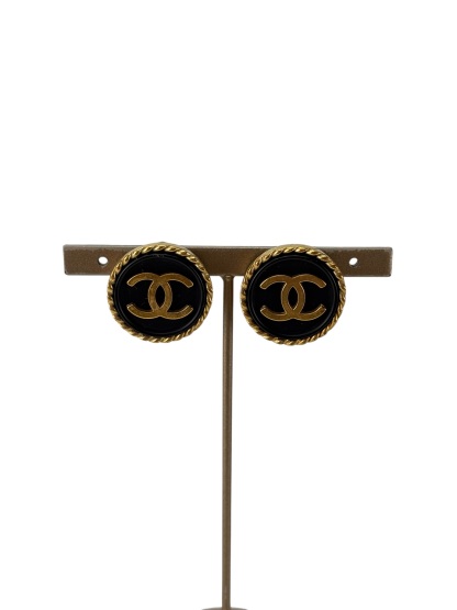 CHANEL - 94A Gold Black CC Logo Round Clip On Earrings
