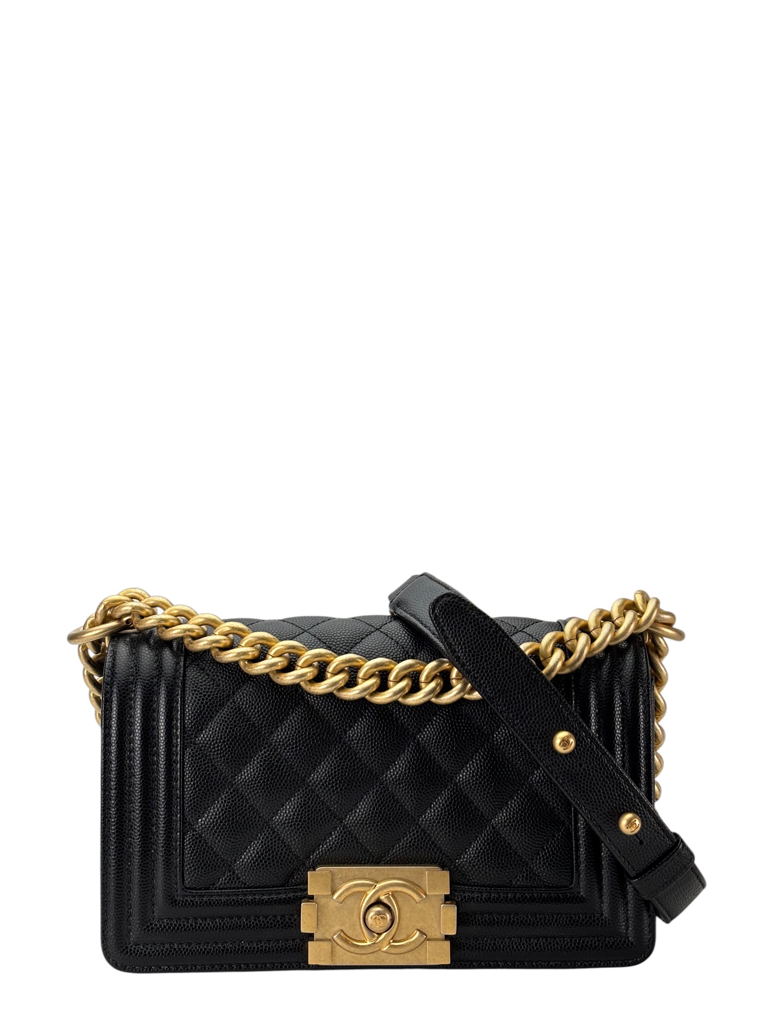 CHANEL - Small Boy Flap Bag Black Caviar Metal Gold